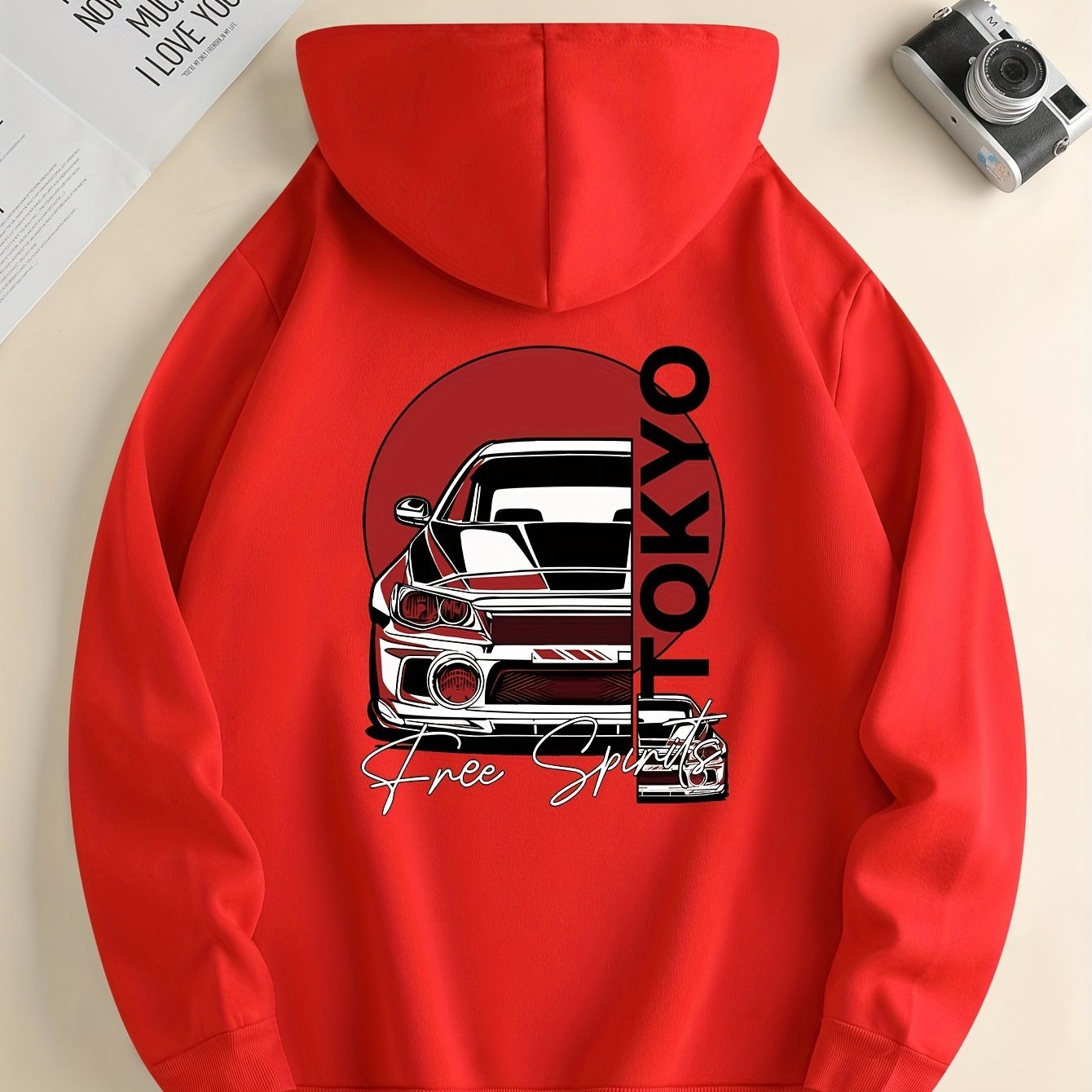 Nine 11 Retro Car Print Men's Pullover Round Neck Hoodies With Kangaroo Pocket & Drawstring Long Sleeve Hooded Sweatshirt Loose Casual Top For Autumn Winter Men's Clothing As Gifts - Nine 11