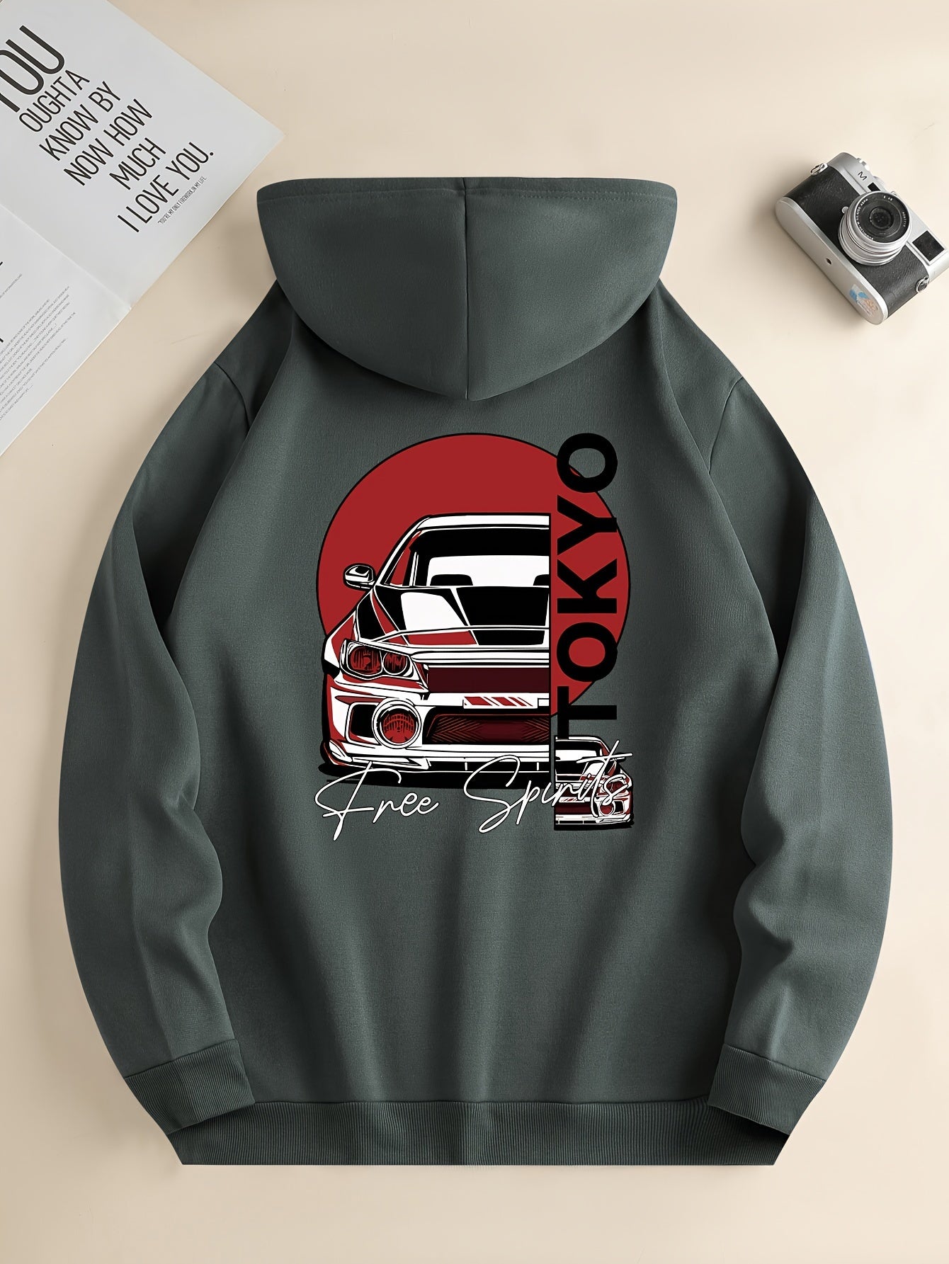 Nine 11 Retro Car Print Men's Pullover Round Neck Hoodies With Kangaroo Pocket & Drawstring Long Sleeve Hooded Sweatshirt Loose Casual Top For Autumn Winter Men's Clothing As Gifts - Nine 11