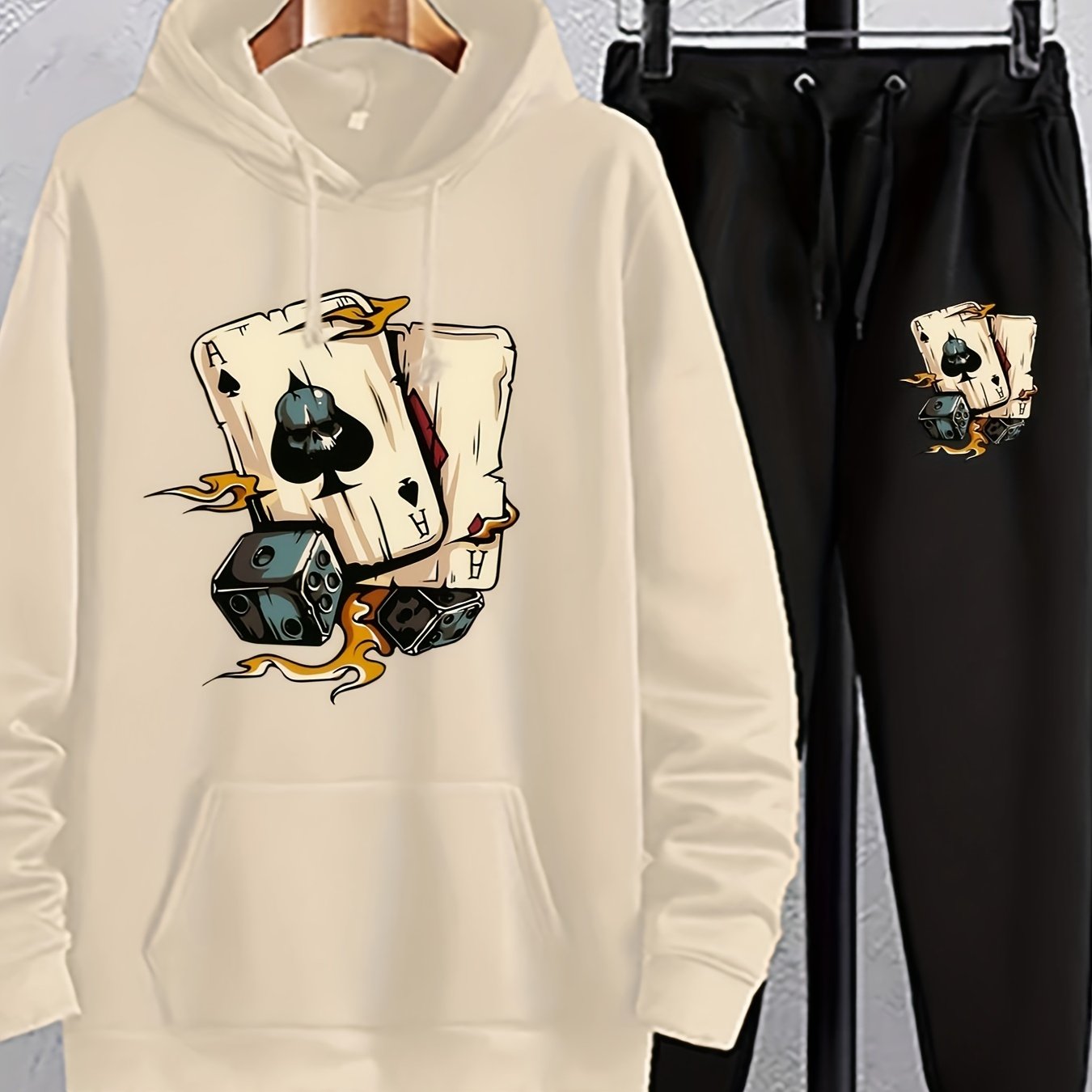 Nine 11 Retro Poker Cards Print, Men's 2Pcs Outfits, Casual Hoodies Long Sleeve Pullover Hooded Sweatshirt And Sweatpants Joggers Set For Spring Fall, Men's Clothing - Nine 11