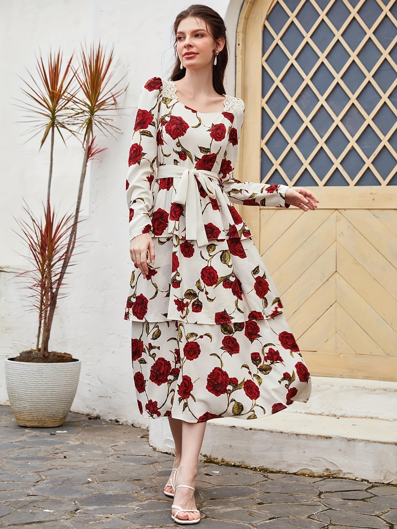 Nine 11 Rose Print Square Neck Dress, Elegant Long Sleeve Tiered Hem A - line Dress For Spring & Fall, Women's Clothing - Nine 11