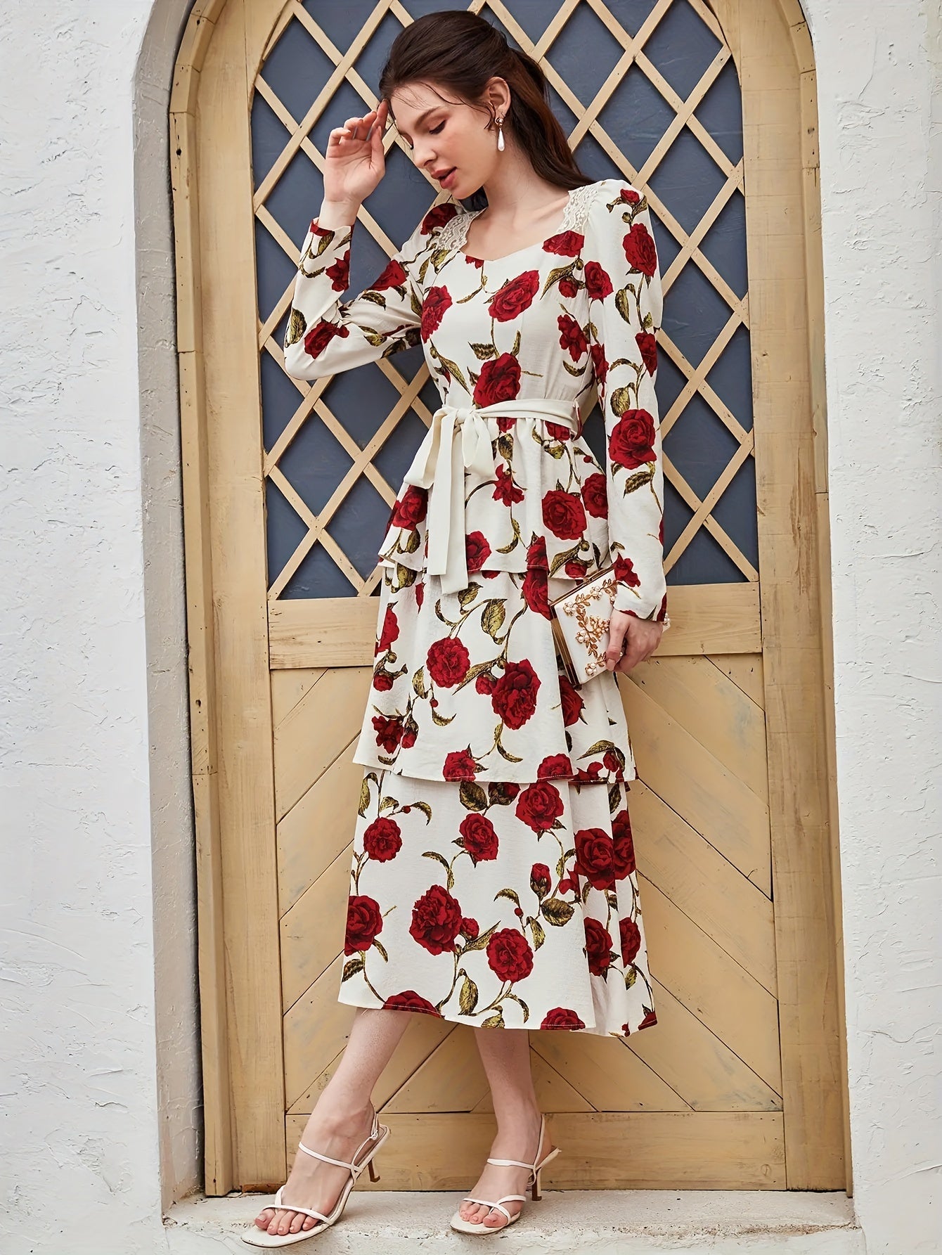 Nine 11 Rose Print Square Neck Dress, Elegant Long Sleeve Tiered Hem A - line Dress For Spring & Fall, Women's Clothing - Nine 11