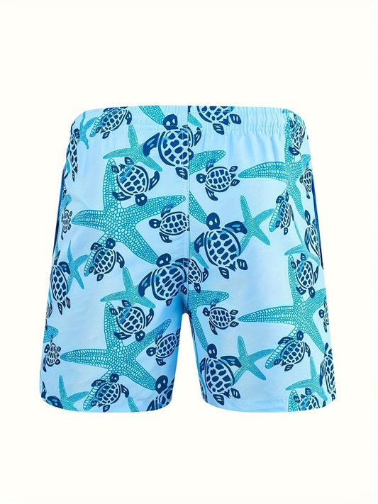 Nine 11 Sea Turtles Pattern Men's Casual Beach Drawstring Shorts, Men's Summer Outdoor Sports Comfy Shorts - Nine 11