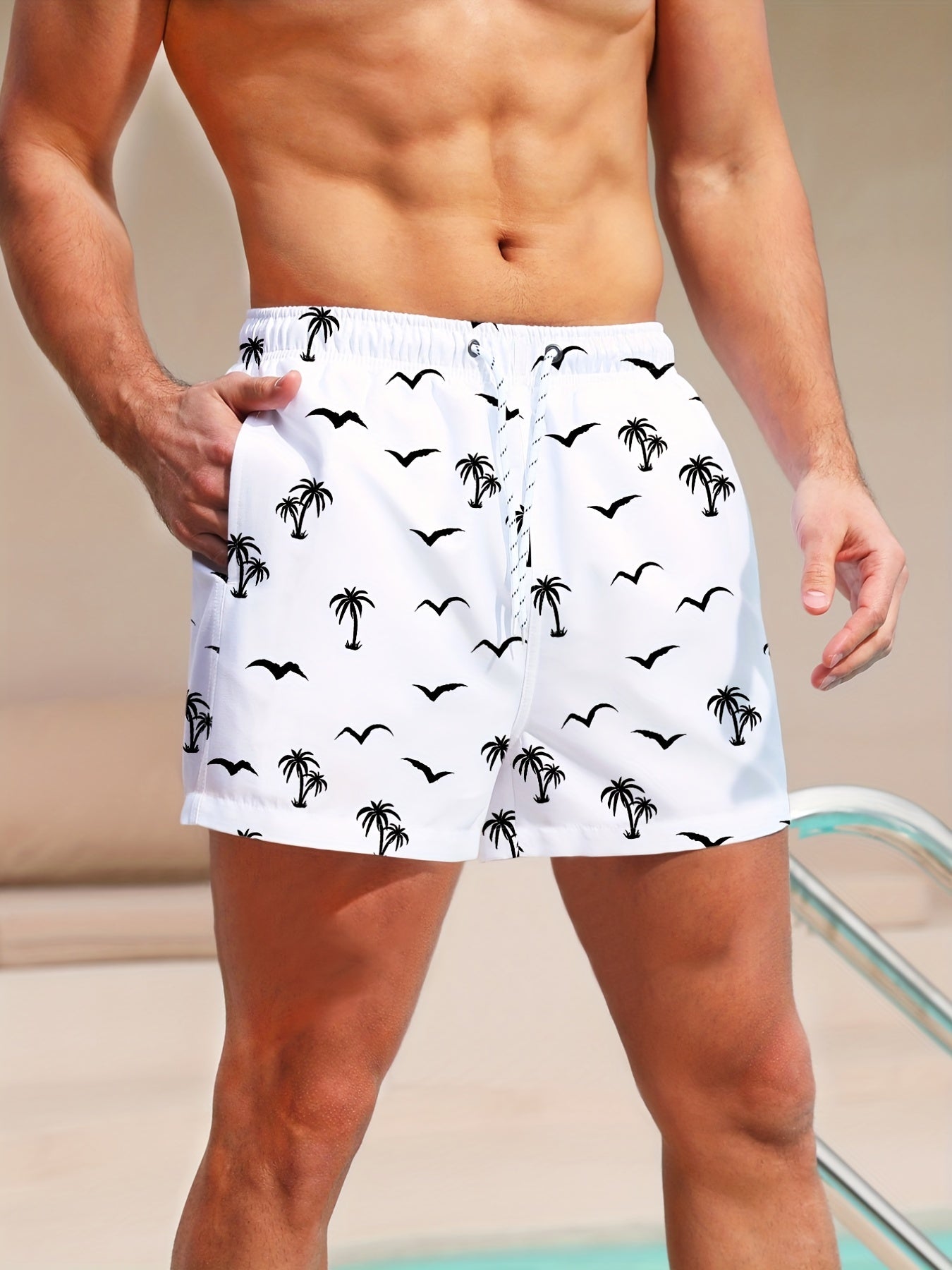 Nine 11 Simple Seagull And Coconut Tree Print Men's Casual Drawstring Shorts With Pockets For Summer Beach Party - Nine 11