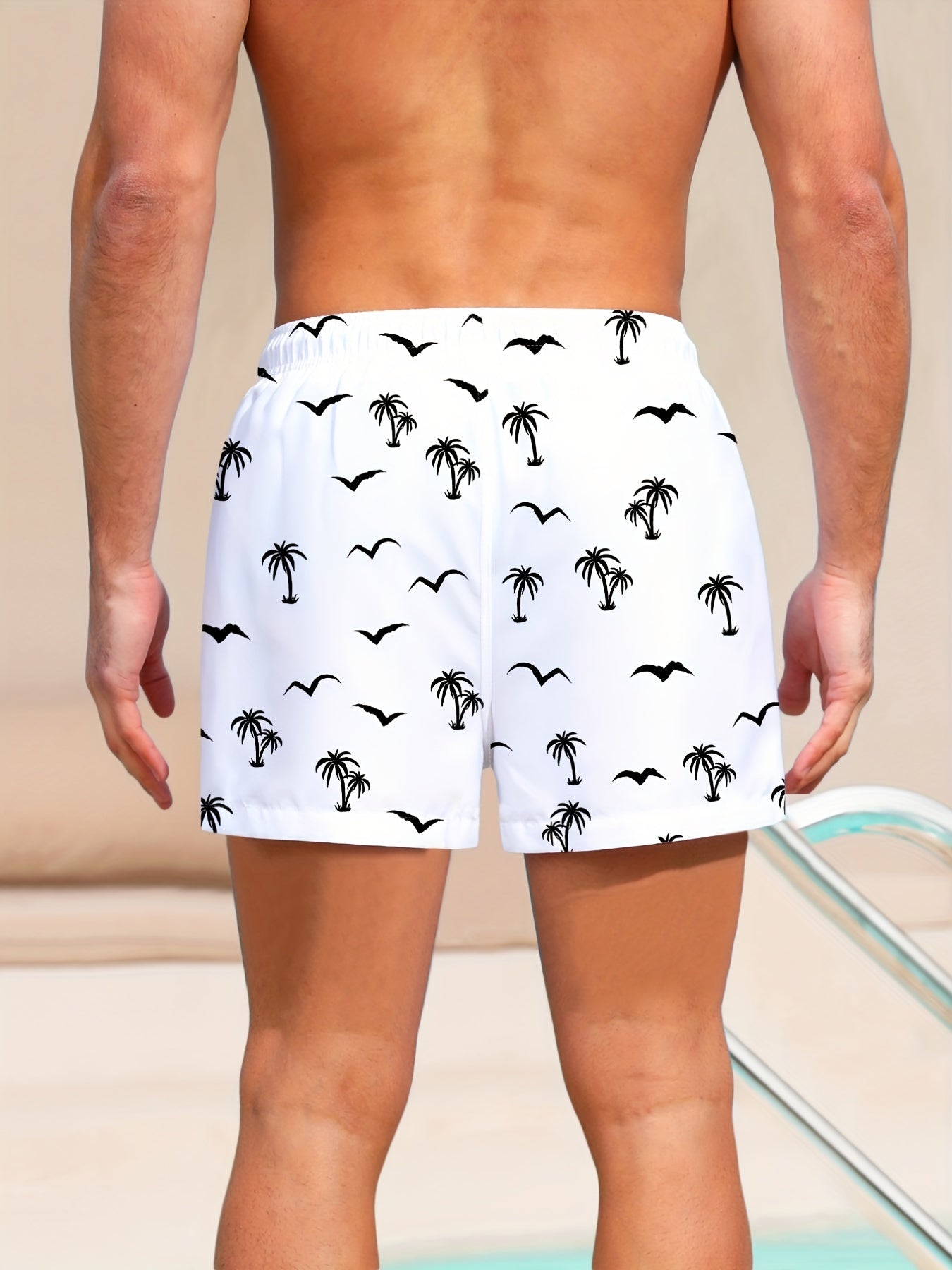 Nine 11 Simple Seagull And Coconut Tree Print Men's Casual Drawstring Shorts With Pockets For Summer Beach Party - Nine 11