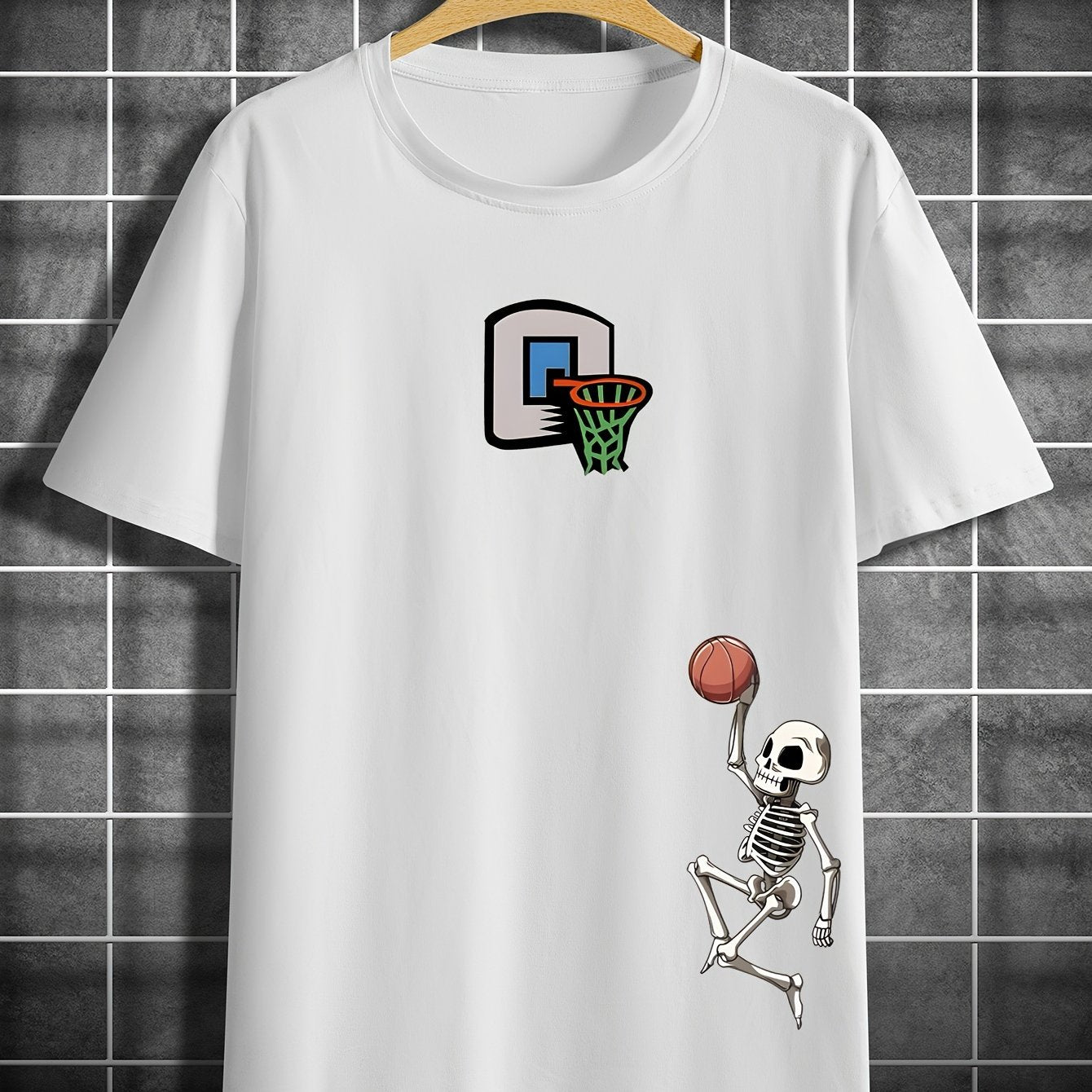 Nine 11 Skeleton Playing Basketball Print T Shirt, Tees For Men, Casual Short Sleeve T-shirt For Summer - Nine 11