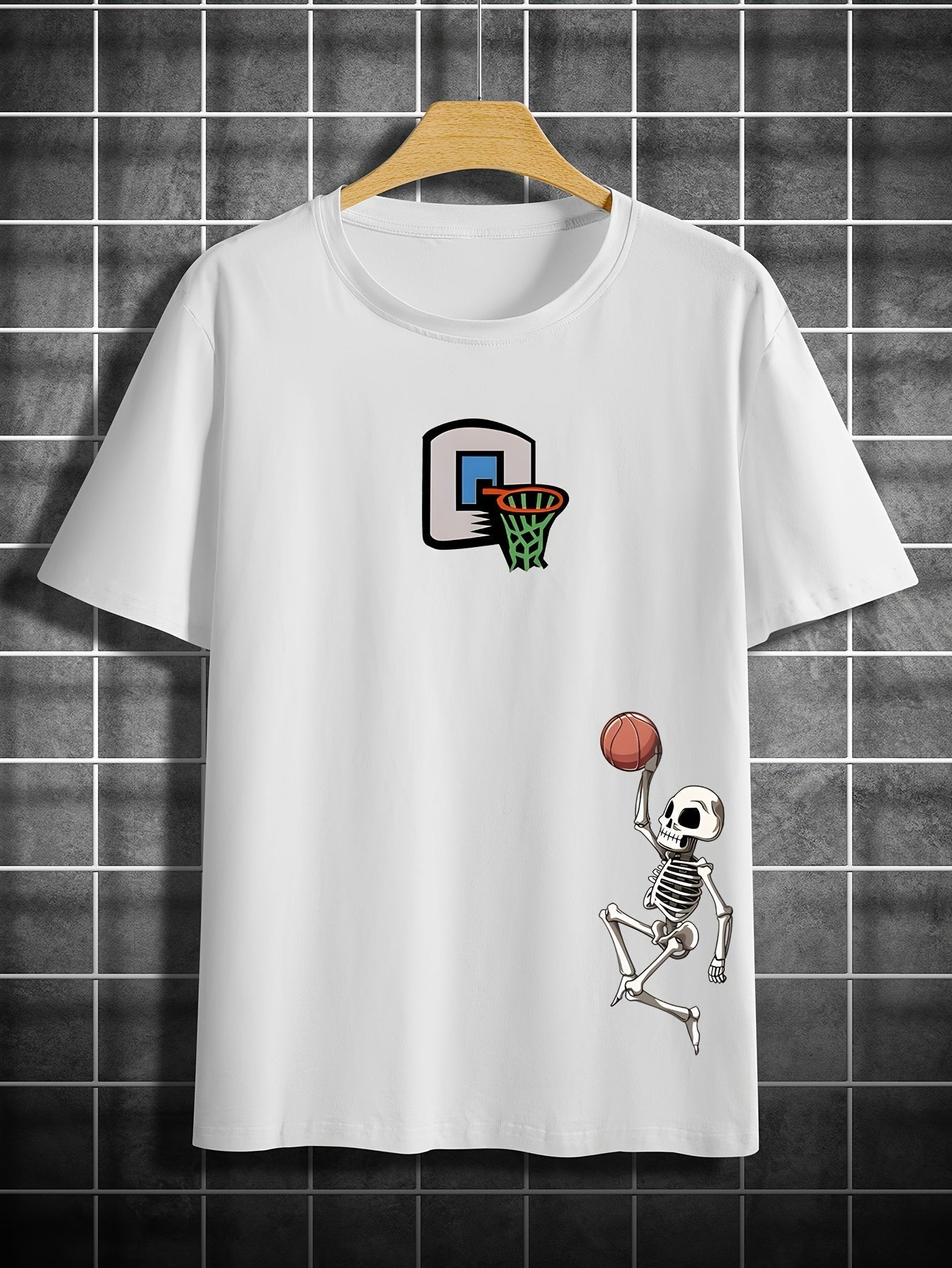 Nine 11 Skeleton Playing Basketball Print T Shirt, Tees For Men, Casual Short Sleeve T-shirt For Summer - Nine 11