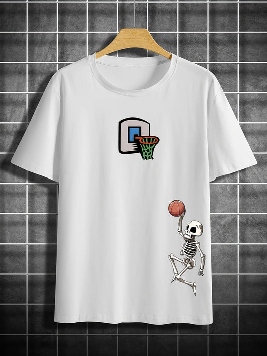 Nine 11 Skeleton Playing Basketball Print T Shirt, Tees For Men, Casual Short Sleeve T-shirt For Summer - Nine 11