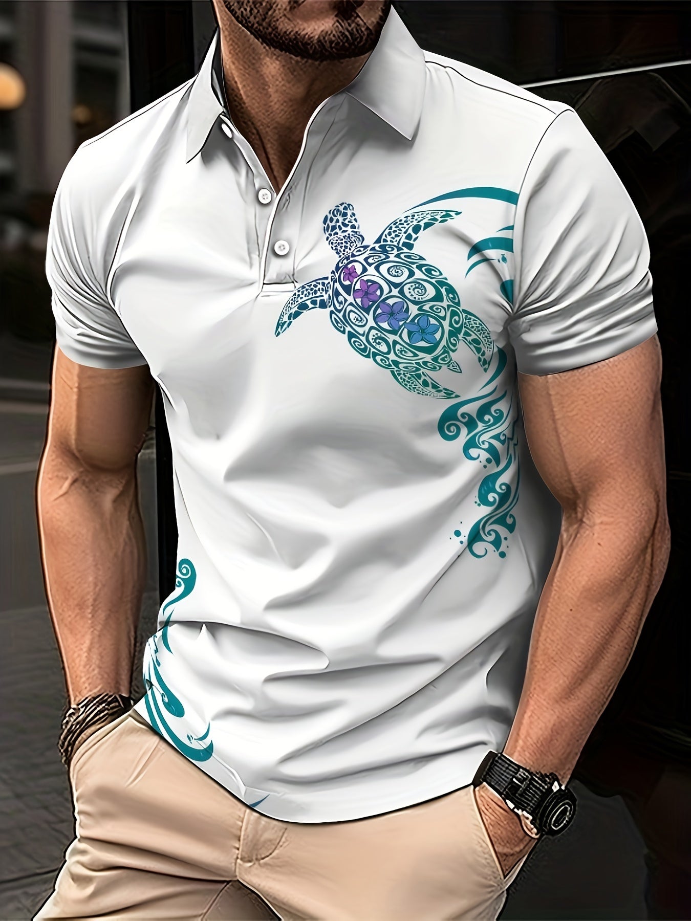 Nine 11 Summer Men's Outdoor Collared Shirt Casual Versatile Golf Short Sleeve 3D Print Turtle Shirt - Nine 11