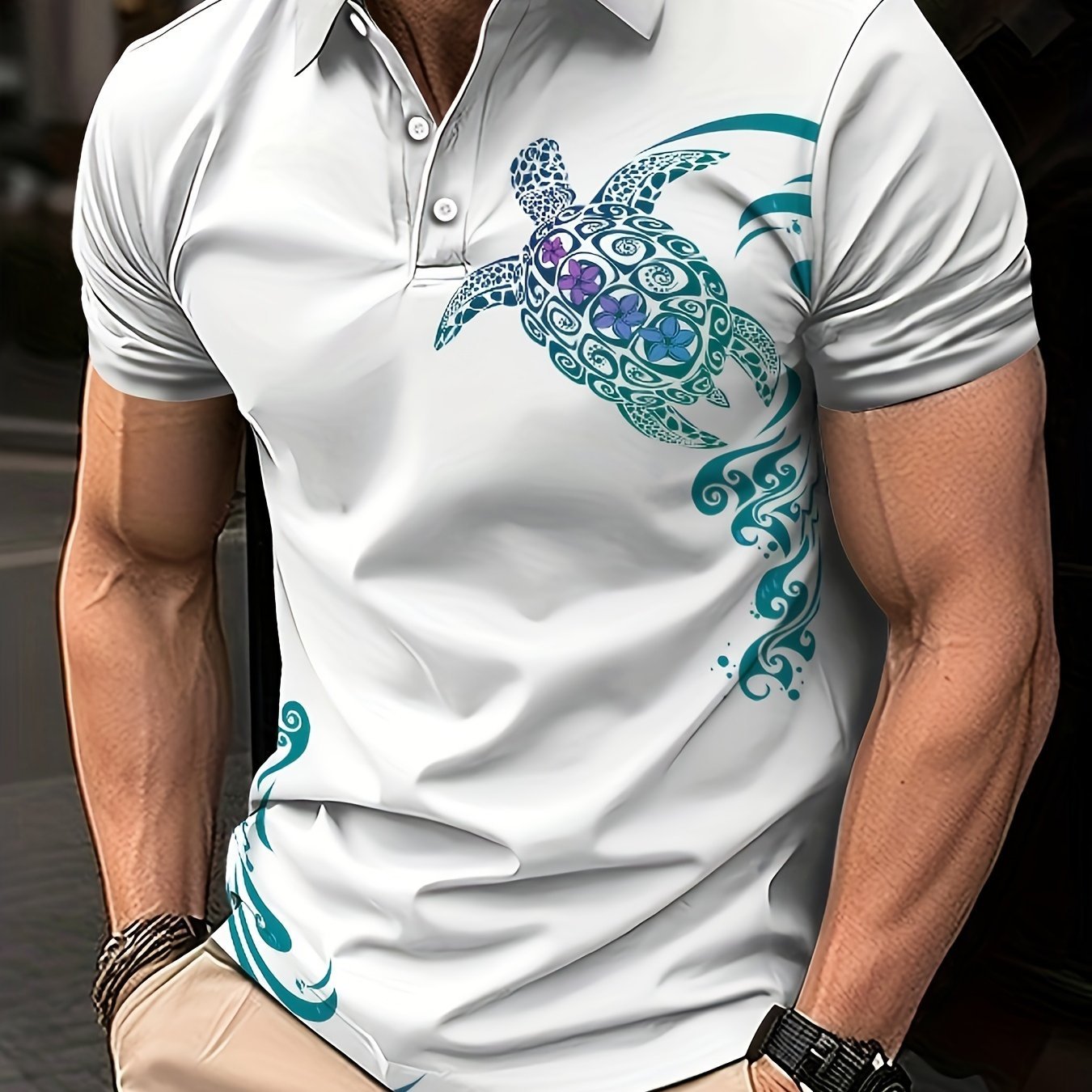 Nine 11 Summer Men's Outdoor Collared Shirt Casual Versatile Golf Short Sleeve 3D Print Turtle Shirt - Nine 11