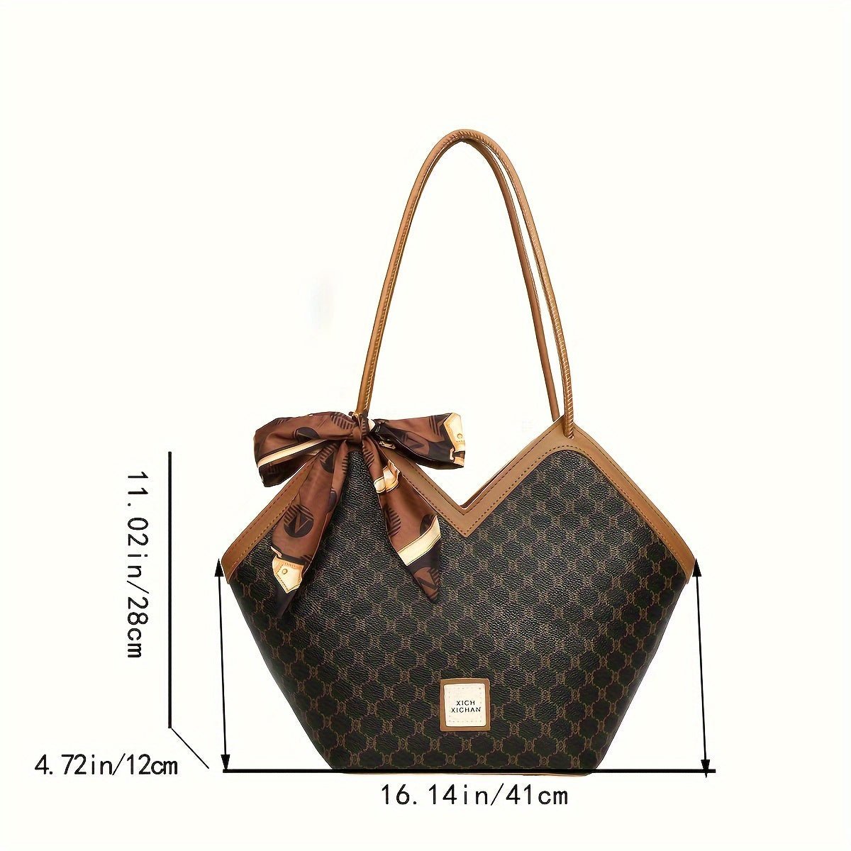 Nine 11 Trendy Geometric Pattern Shoulder Bag, Classic Stitching Tote Bag With Scarf Decor - Nine 11