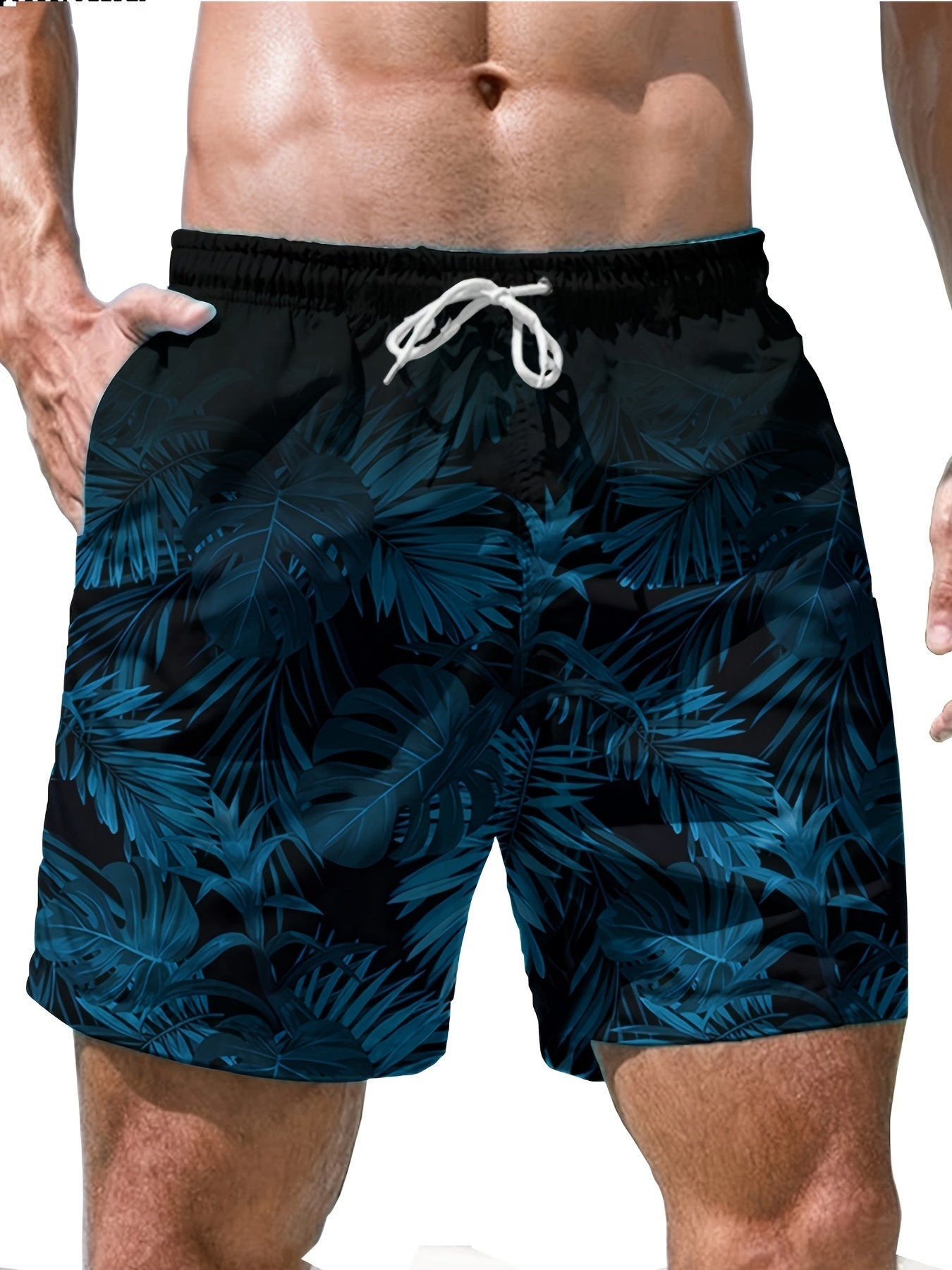 Nine 11 Tropical Floral Pattern Men's Board Shorts With Drawstring And Pockets, Trendy And Stylish Shorts For Summer Beach Leisurewear - Nine 11