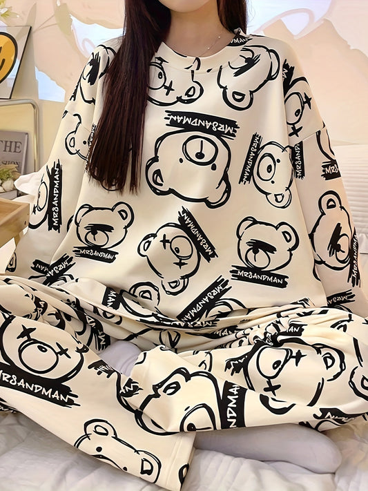 Nine 11 Women's Allover Cartoon Bear Print Casual Pajama Set, Long Sleeve Round Neck Top & Pants, Comfortable Relaxed Fit For Fall - Nine 11