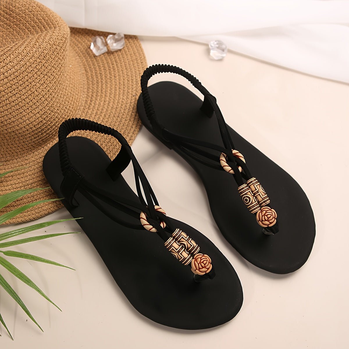 Nine 11 Women's Beads Decor Flat Sandals, Casual Clip Toe Summer Shoes, Lightweight Slip On Sandals - Nine 11