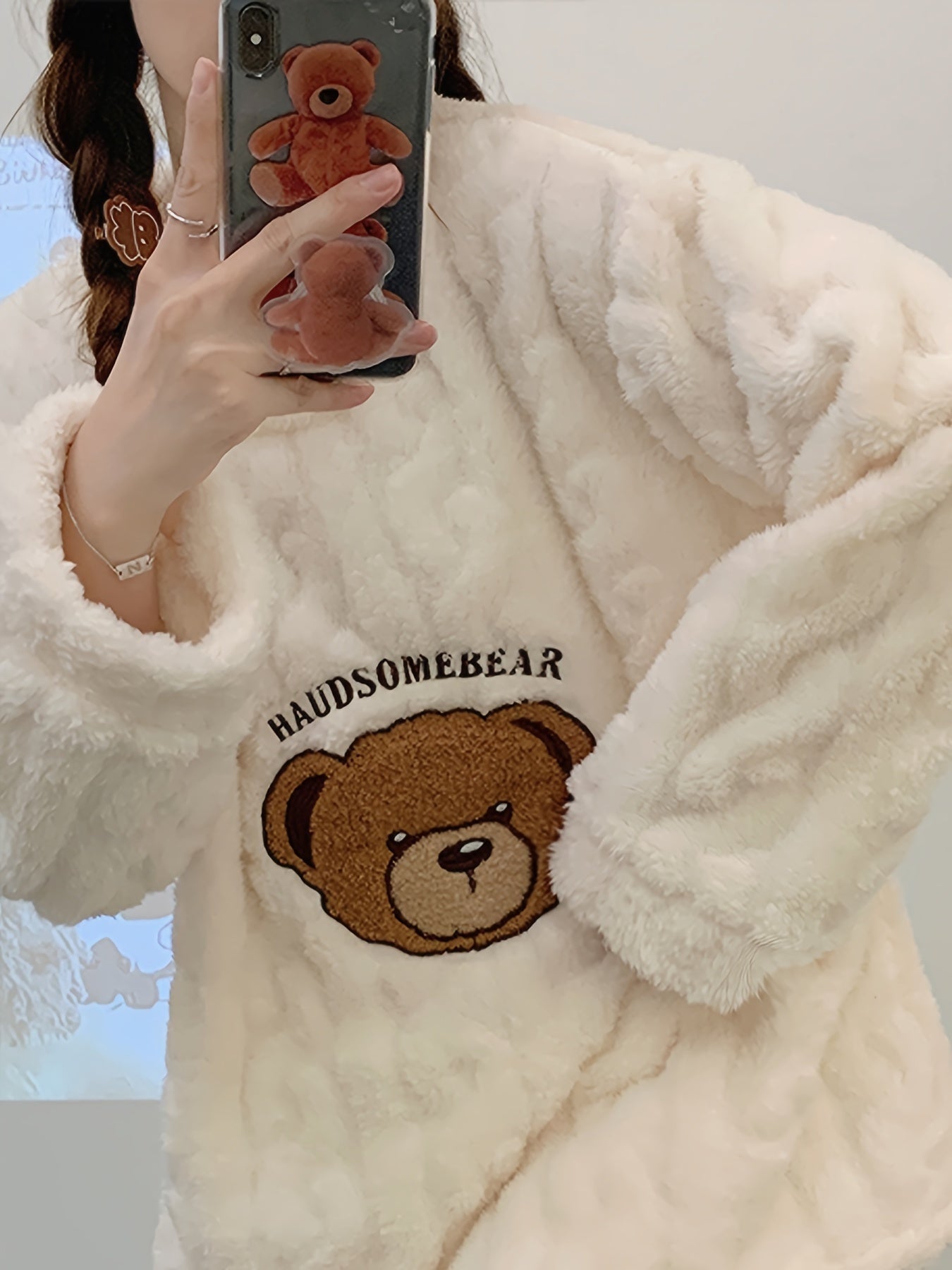 Nine 11 Women's Cute Cartoon Bear & Letter Pattern Jacquard Fleece Thick Pajama Set, Long Sleeve Round Neck Top & Pants, Comfortable Relaxed Fit For Fall & Winter - Nine 11