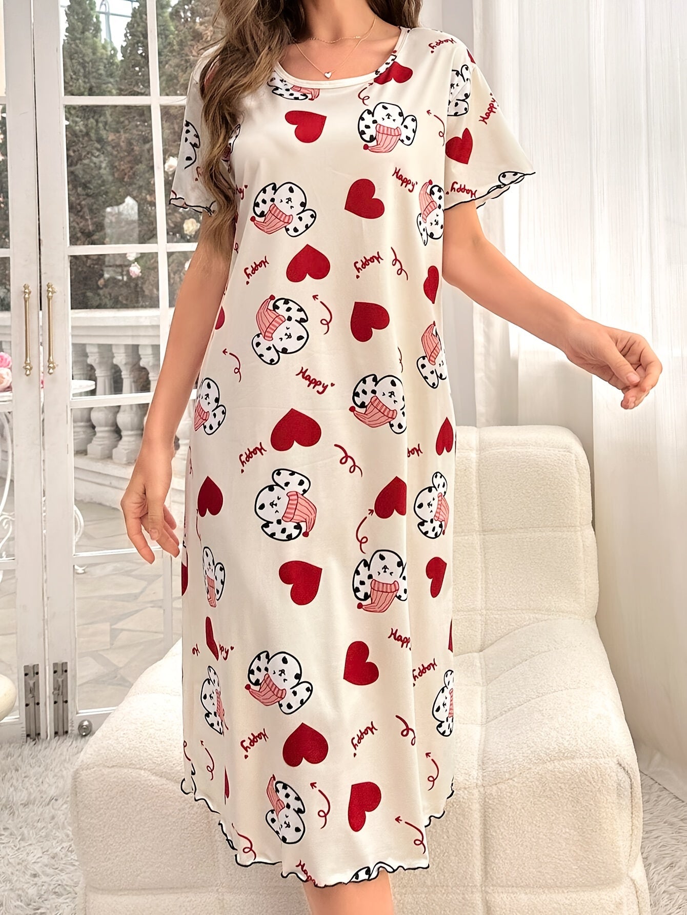 Nine 11 Women's Cute Puppy & Heart Print Frill Trim Sleepwear Dress, Short Sleeve Round Neck Loose Fit Midi Dress, Comfortable Nightgown - Nine 11