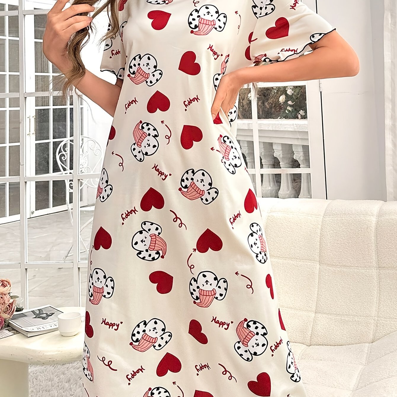 Nine 11 Women's Cute Puppy & Heart Print Frill Trim Sleepwear Dress, Short Sleeve Round Neck Loose Fit Midi Dress, Comfortable Nightgown - Nine 11