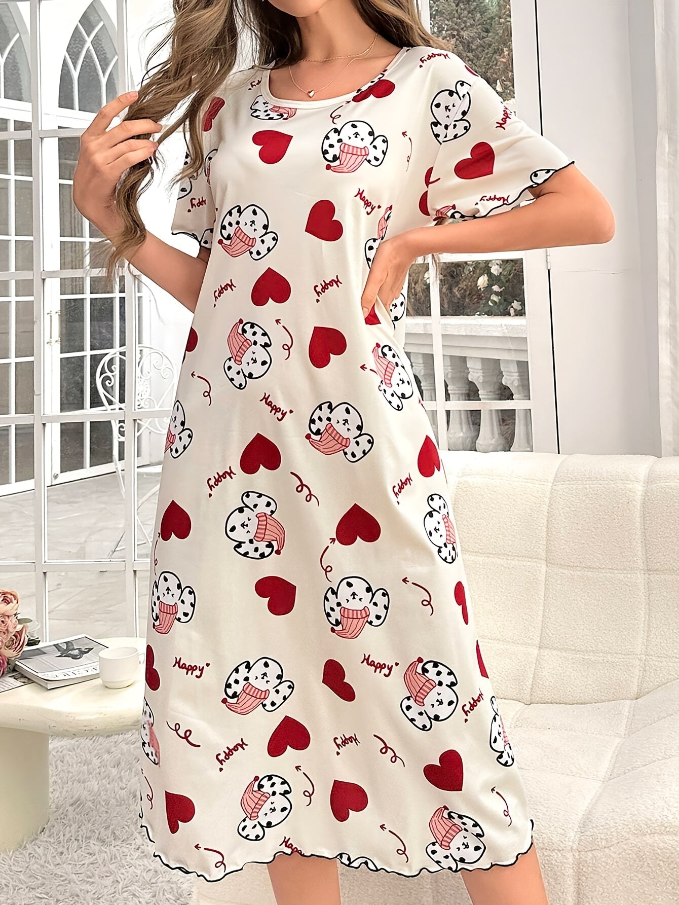 Nine 11 Women's Cute Puppy & Heart Print Frill Trim Sleepwear Dress, Short Sleeve Round Neck Loose Fit Midi Dress, Comfortable Nightgown - Nine 11