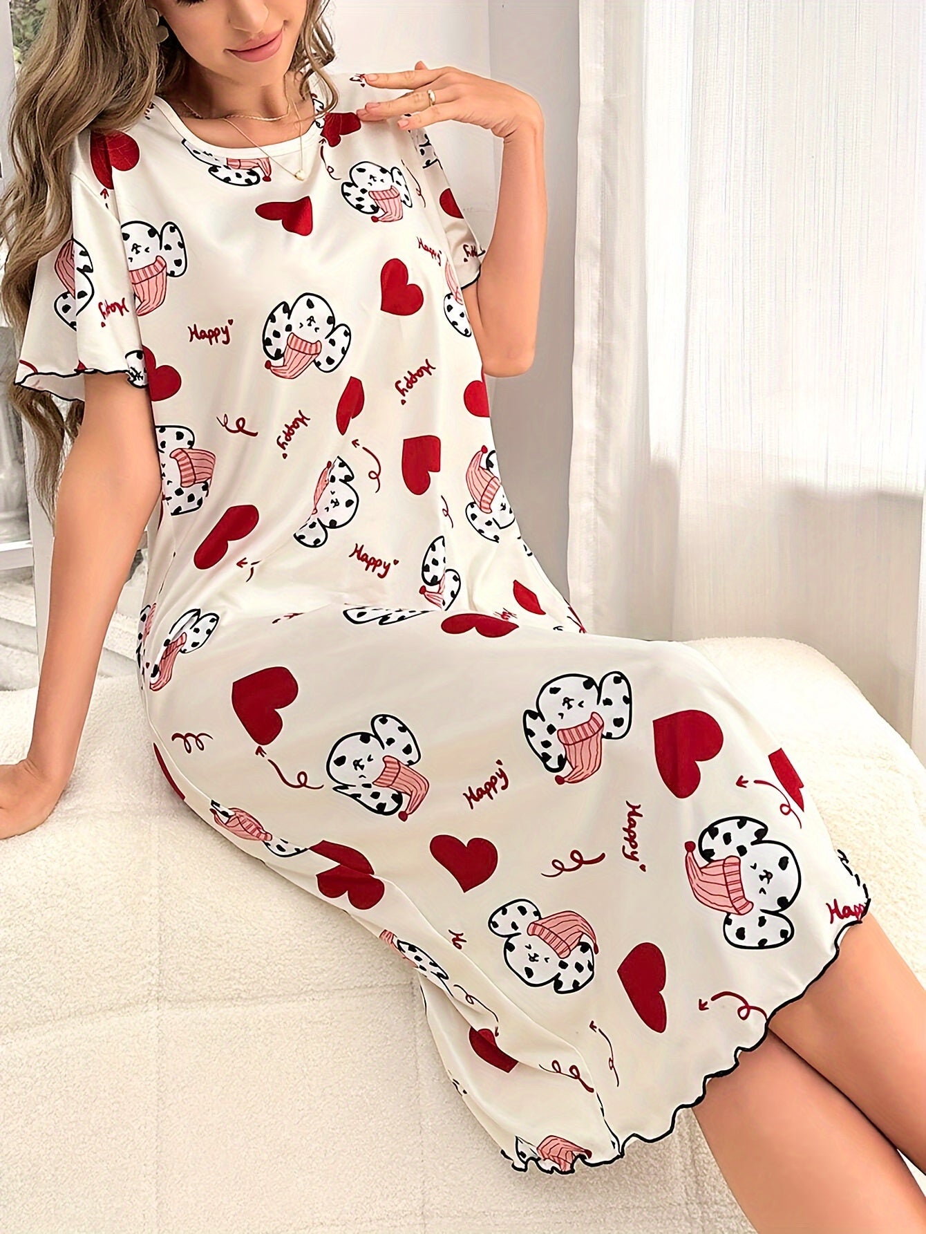 Nine 11 Women's Cute Puppy & Heart Print Frill Trim Sleepwear Dress, Short Sleeve Round Neck Loose Fit Midi Dress, Comfortable Nightgown - Nine 11