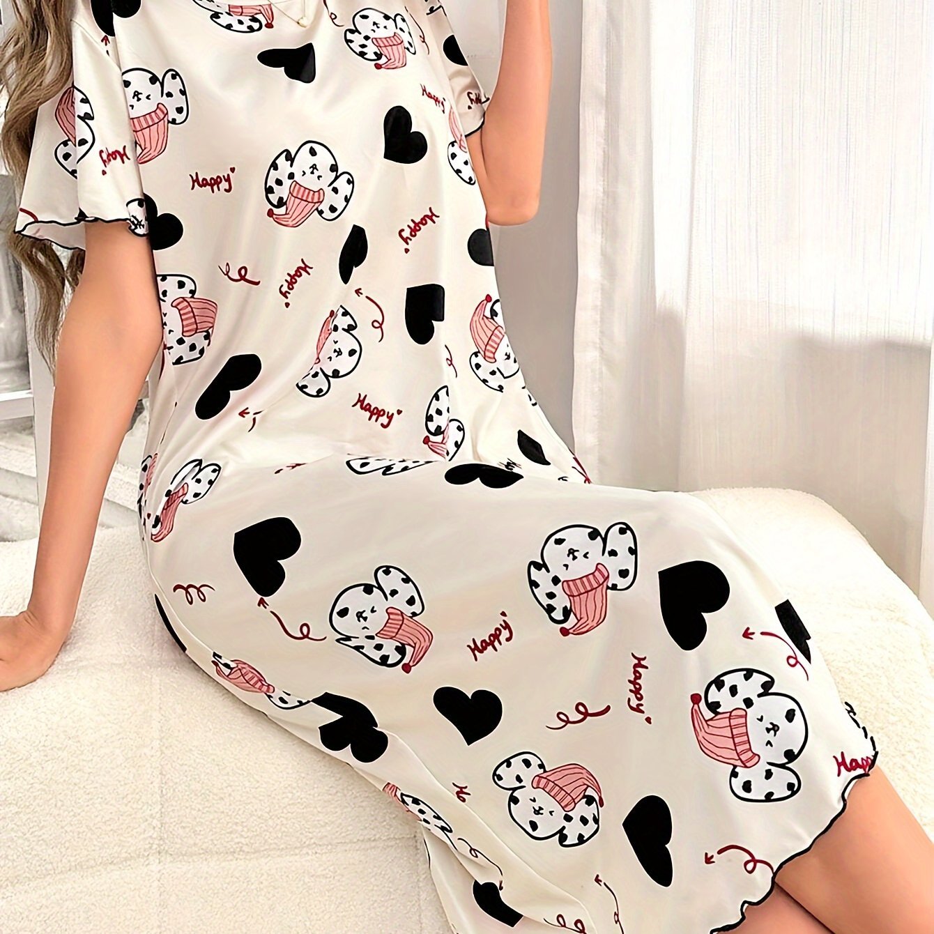 Nine 11 Women's Cute Puppy & Heart Print Frill Trim Sleepwear Dress, Short Sleeve Round Neck Loose Fit Midi Dress, Comfortable Nightgown - Nine 11