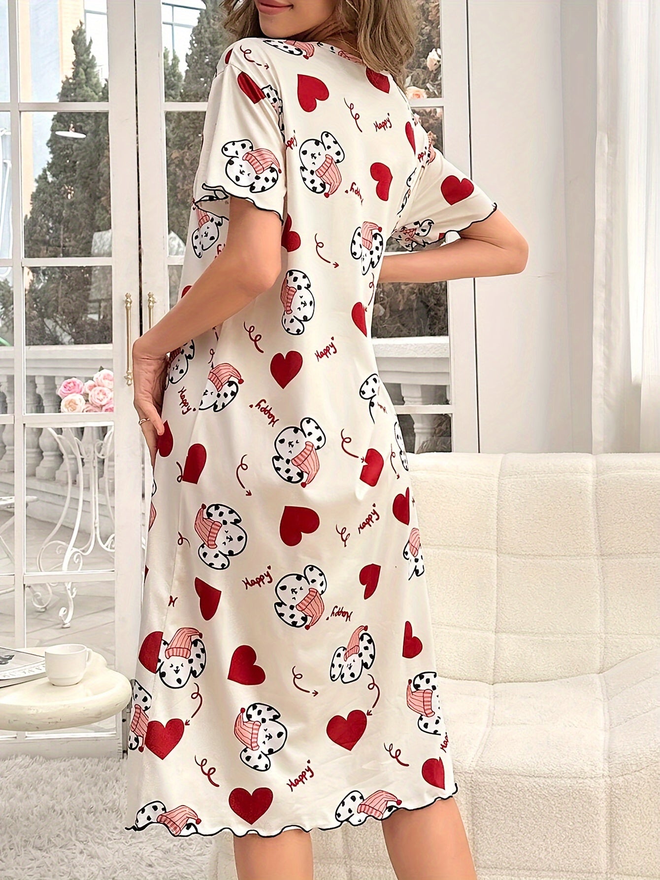 Nine 11 Women's Cute Puppy & Heart Print Frill Trim Sleepwear Dress, Short Sleeve Round Neck Loose Fit Midi Dress, Comfortable Nightgown - Nine 11