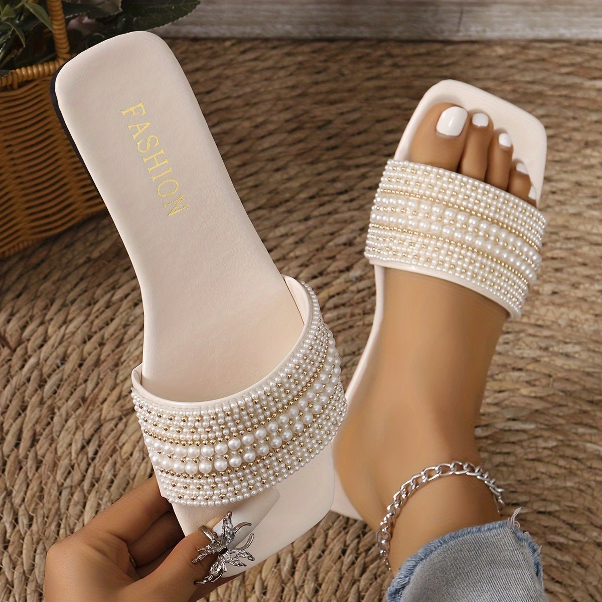 Nine 11 Women's Faux Pearl Decor Slide Sandals, Casual Square Open Toe Flat Summer Shoes, Lightweight Slide Sandals - Nine 11