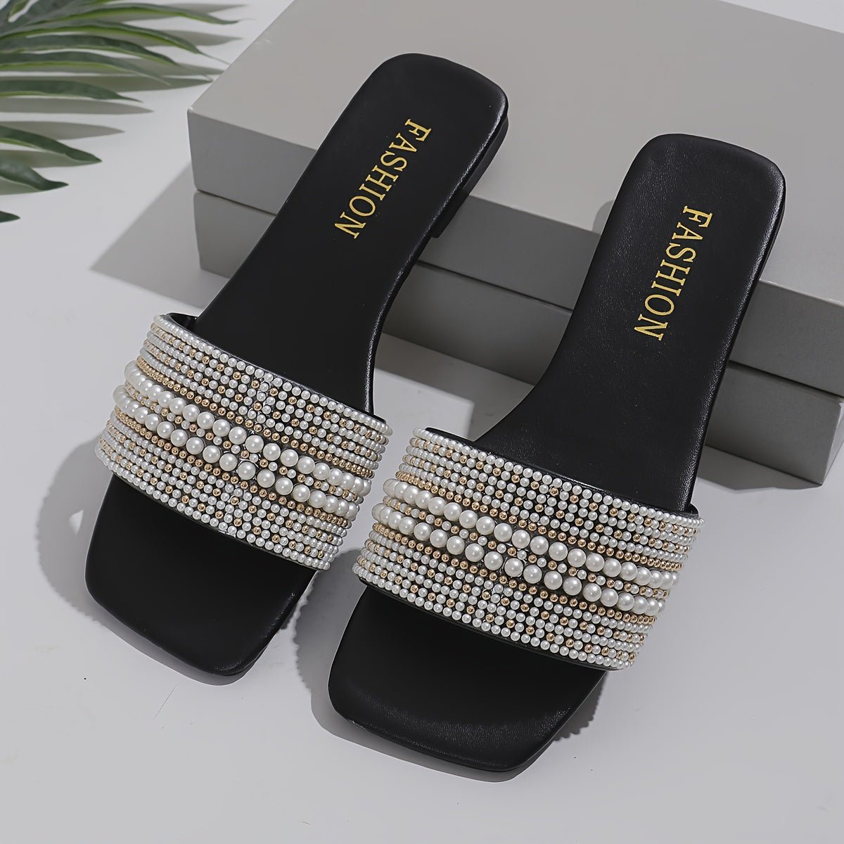 Nine 11 Women's Faux Pearl Decor Slide Sandals, Casual Square Open Toe Flat Summer Shoes, Lightweight Slide Sandals - Nine 11