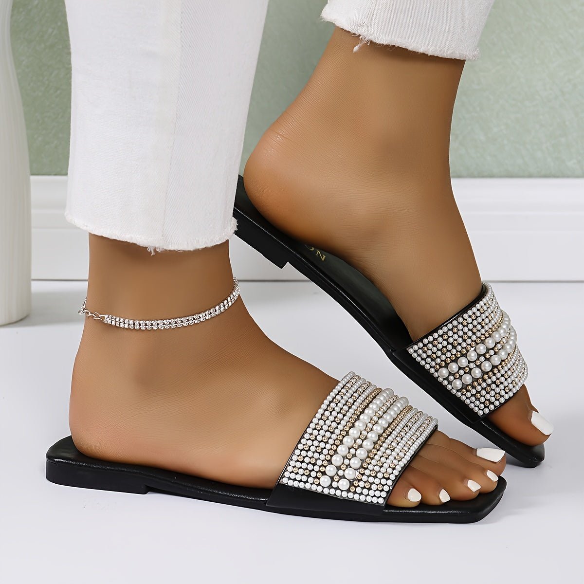 Nine 11 Women's Faux Pearl Decor Slide Sandals, Casual Square Open Toe Flat Summer Shoes, Lightweight Slide Sandals - Nine 11