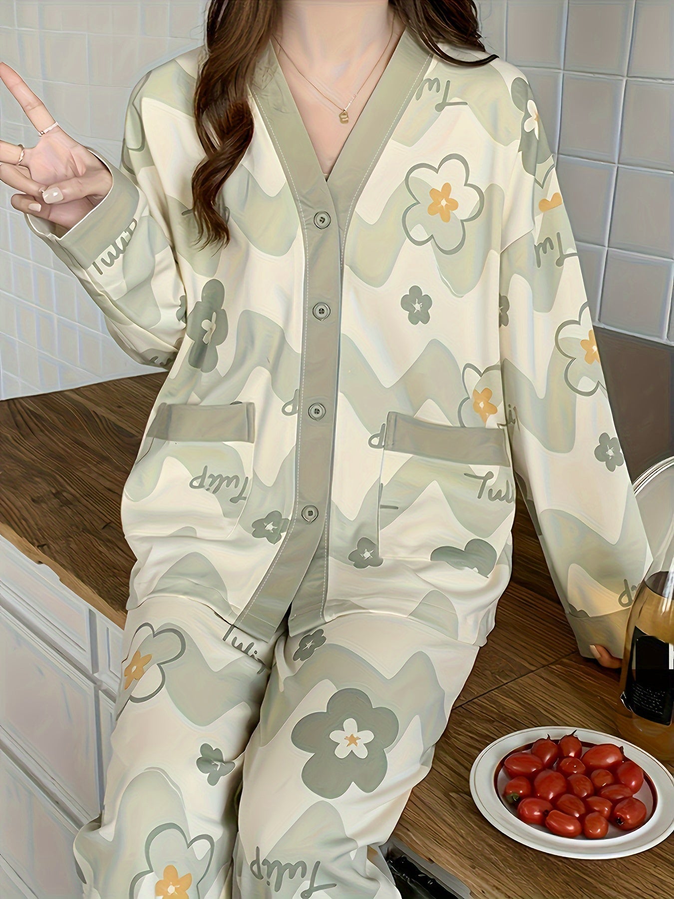 Nine 11 Women's Floral & Letter Print Casual Pajama Set, Long Sleeve Buttons V Neck Pocketed Top & Pants, Comfortable Relaxed Fit For Fall - Nine 11