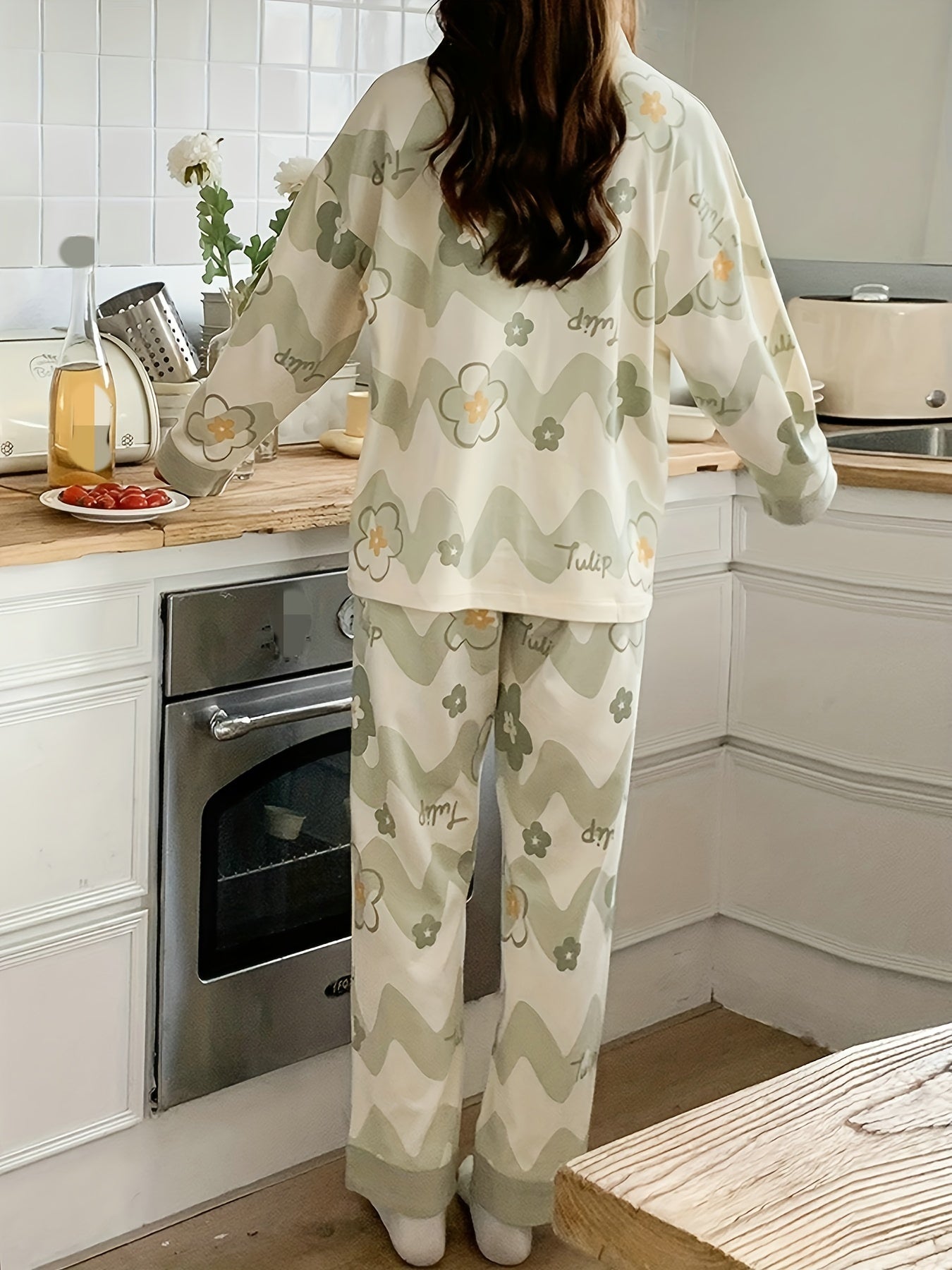 Nine 11 Women's Floral & Letter Print Casual Pajama Set, Long Sleeve Buttons V Neck Pocketed Top & Pants, Comfortable Relaxed Fit For Fall - Nine 11