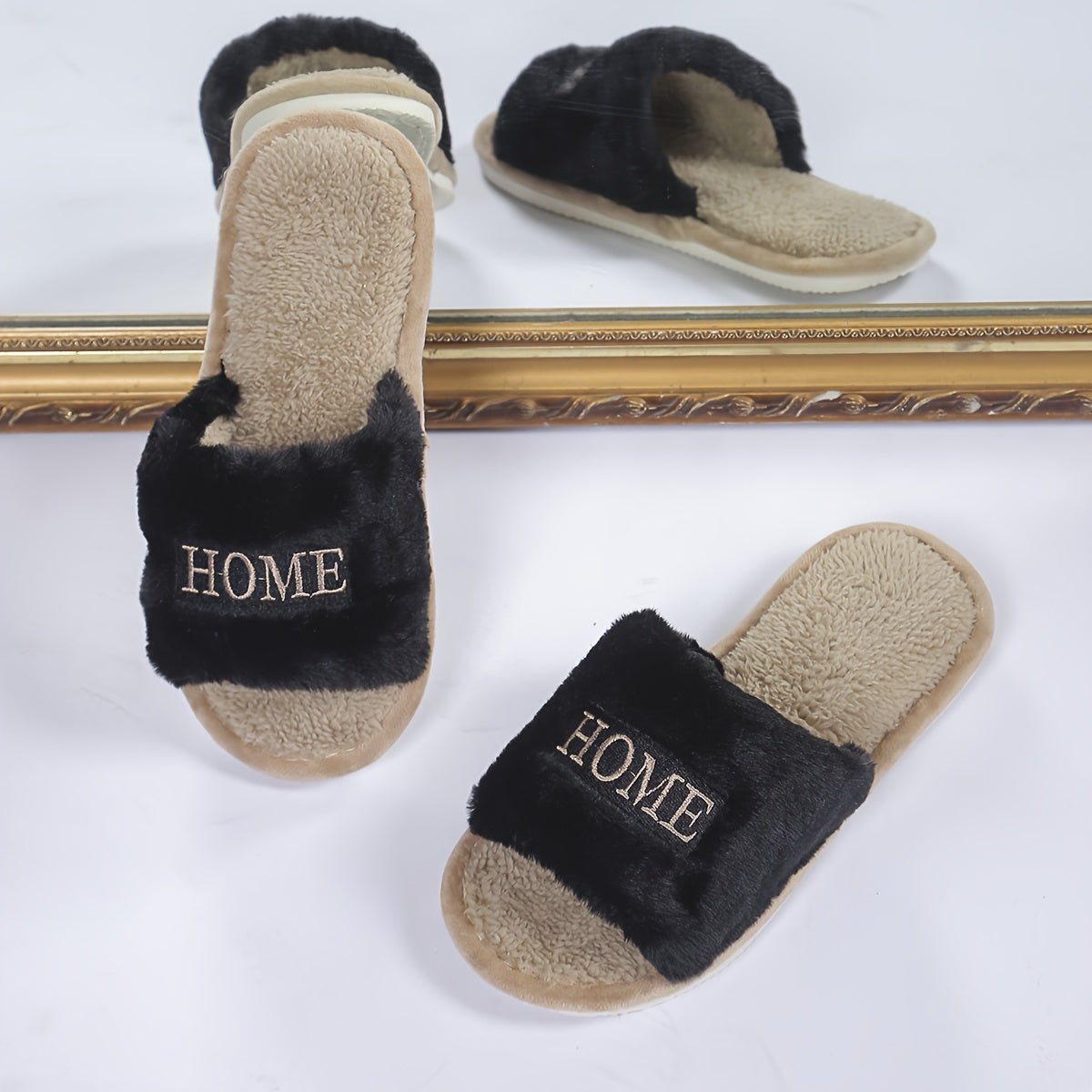 Nine 11 Women's Plush Open - Toe Slippers With Letter Embroidery - Cozy, Lightweight Indoor Shoes For All Seasons, Elegant Black - Nine 11