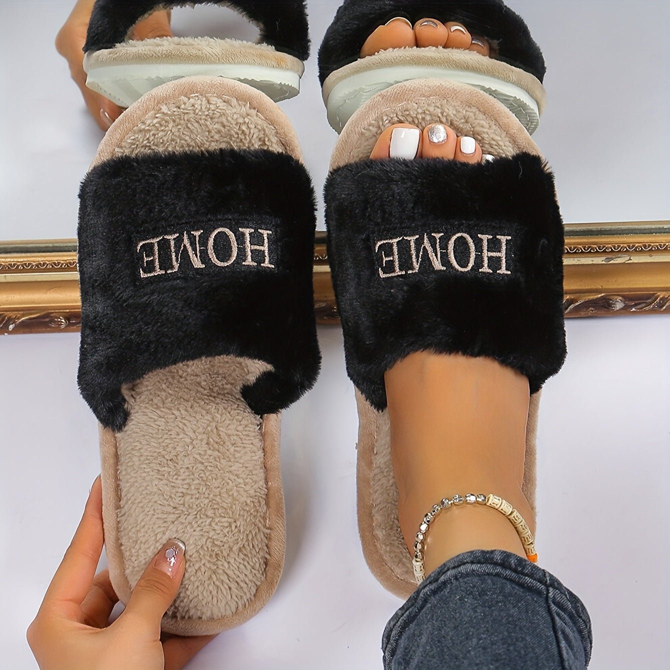 Nine 11 Women's Plush Open - Toe Slippers With Letter Embroidery - Cozy, Lightweight Indoor Shoes For All Seasons, Elegant Black - Nine 11