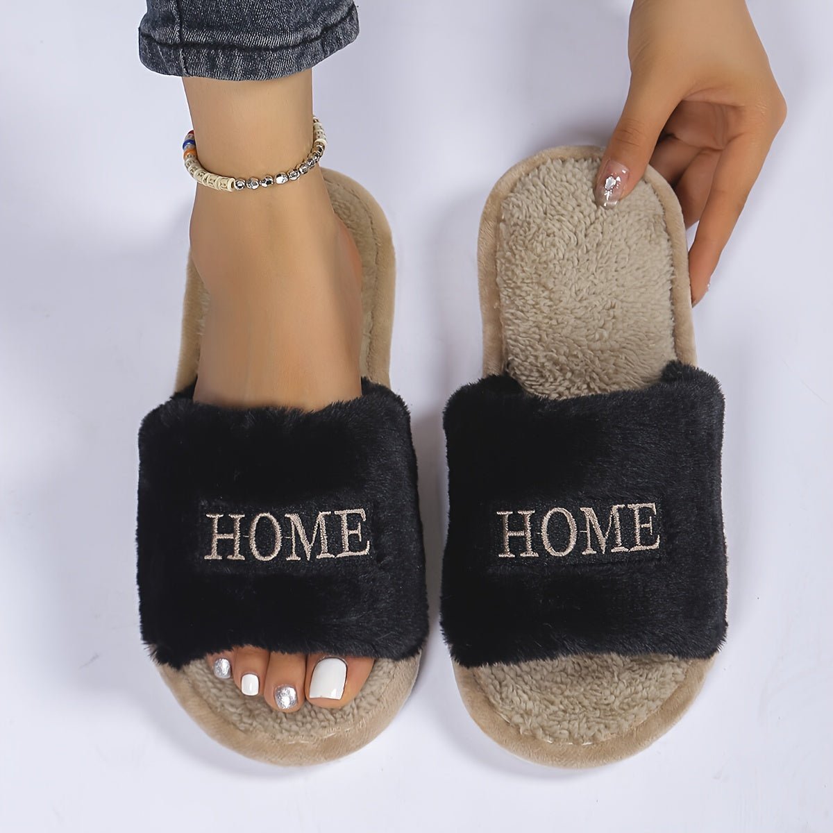 Nine 11 Women's Plush Open - Toe Slippers With Letter Embroidery - Cozy, Lightweight Indoor Shoes For All Seasons, Elegant Black - Nine 11