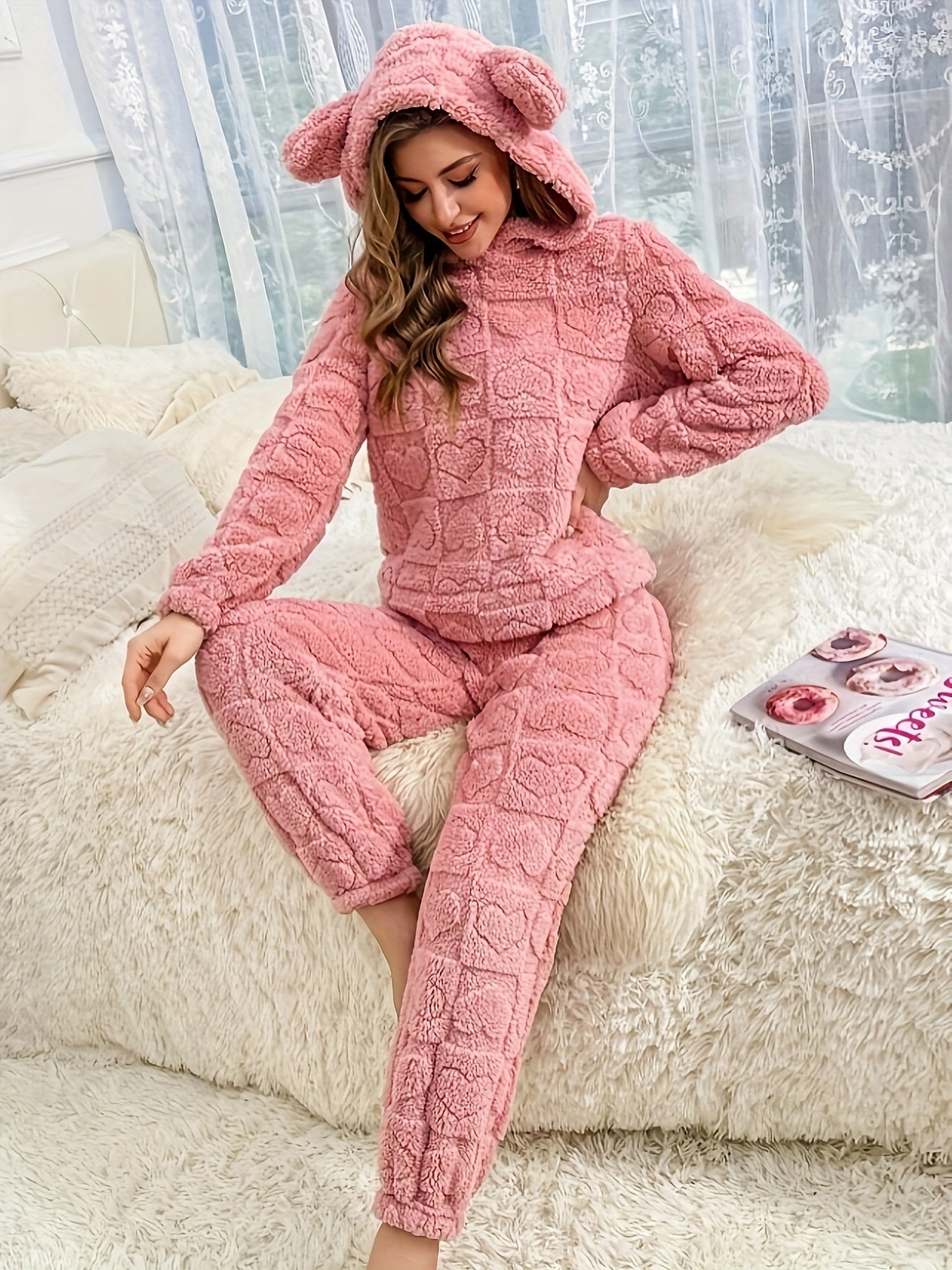 Nine 11 Women's Solid Jacquard Fleece Thick Cute Pajama Set, Long Sleeve Hooded Top & Pants, Comfortable Relaxed Fit For Fall & Winter - Nine 11