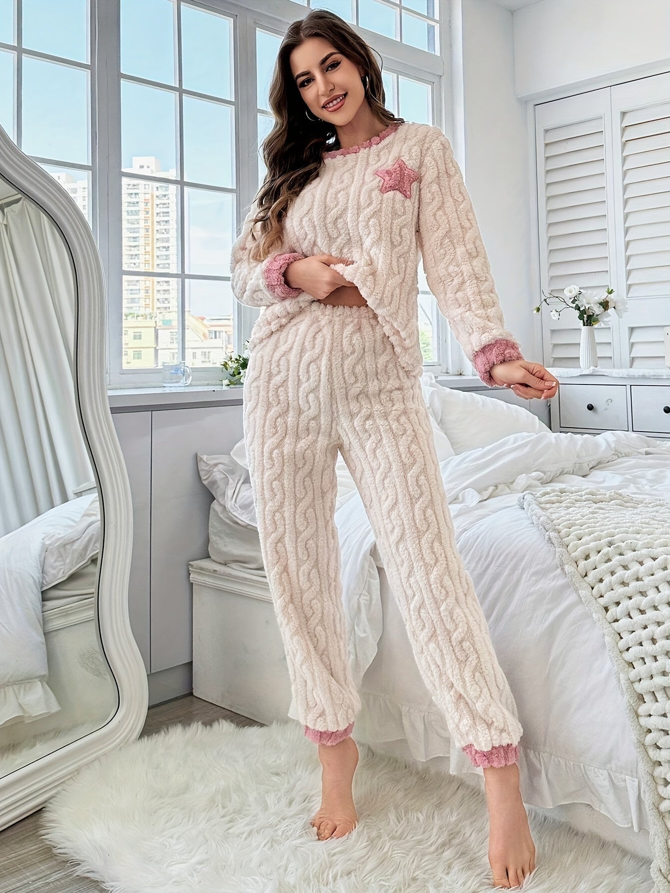 Nine 11 Women's Star Pattern Jacquard Fleece Thick Casual Pajama Set, Long Sleeve Round Neck Top & Pants, Comfortable Relaxed Fit For Fall & Winter - Nine 11