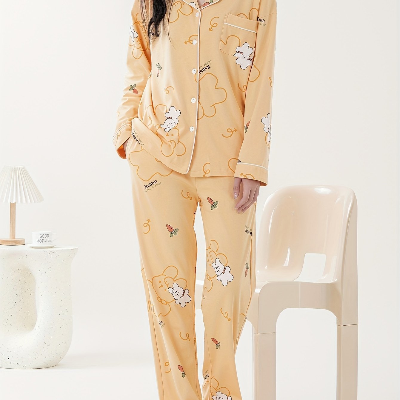 Nine 11 Women's Thickened Cotton Pajama Set - Casual Lapel Collar Long Sleeve Top and Pants with Rabbit & Letter Print, Dual Pockets for Fall/Winter - Knit Fabric Animal Pattern Cozy Sleepwear Loungewear Set - Nine 11