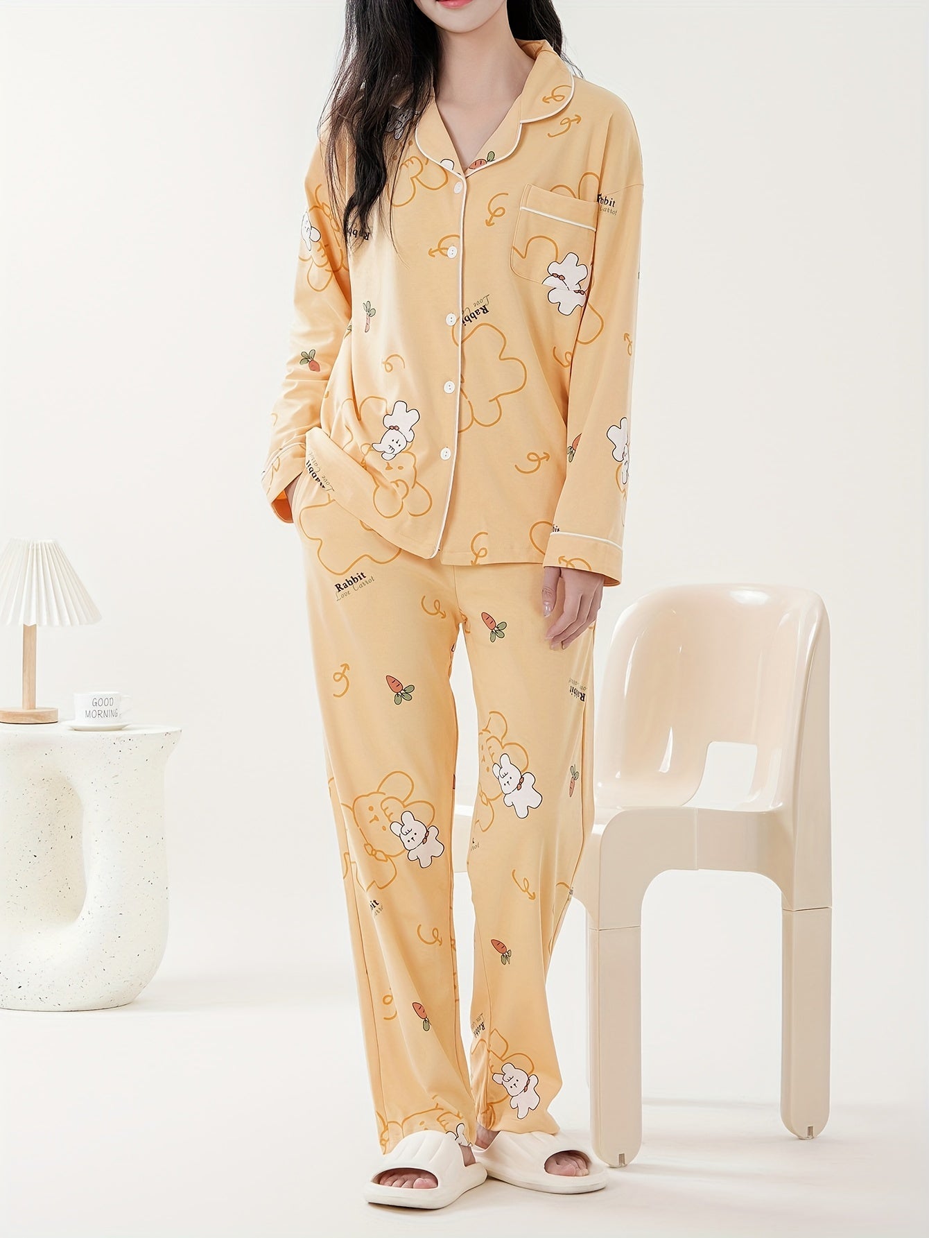 Nine 11 Women's Thickened Cotton Pajama Set - Casual Lapel Collar Long Sleeve Top and Pants with Rabbit & Letter Print, Dual Pockets for Fall/Winter - Knit Fabric Animal Pattern Cozy Sleepwear Loungewear Set - Nine 11