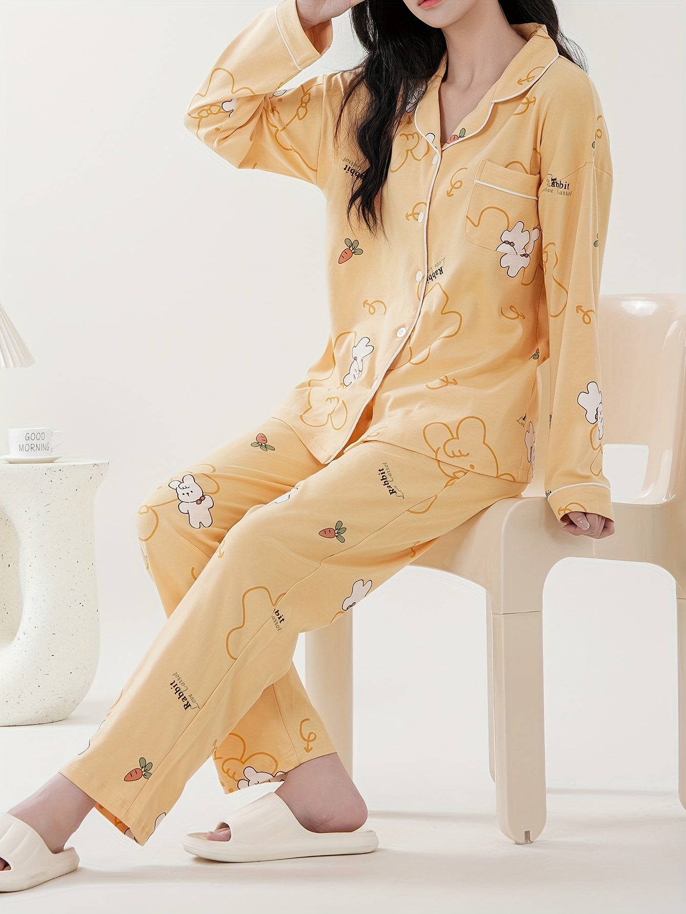 Nine 11 Women's Thickened Cotton Pajama Set - Casual Lapel Collar Long Sleeve Top and Pants with Rabbit & Letter Print, Dual Pockets for Fall/Winter - Knit Fabric Animal Pattern Cozy Sleepwear Loungewear Set - Nine 11