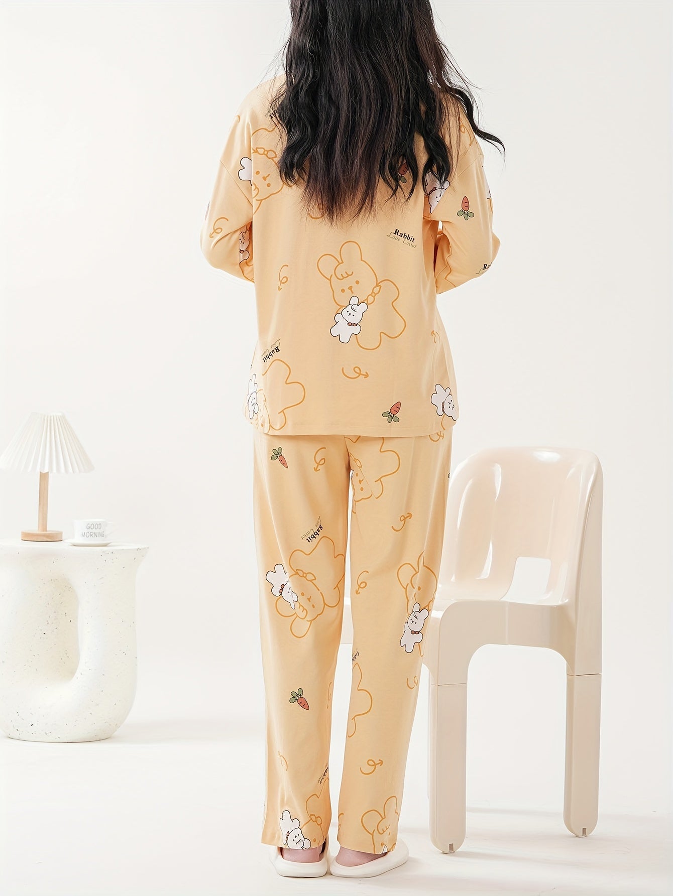 Nine 11 Women's Thickened Cotton Pajama Set - Casual Lapel Collar Long Sleeve Top and Pants with Rabbit & Letter Print, Dual Pockets for Fall/Winter - Knit Fabric Animal Pattern Cozy Sleepwear Loungewear Set - Nine 11