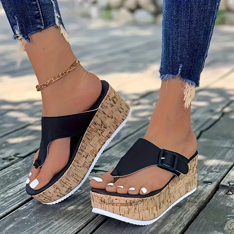 Nine 11 Women's Wood Grain Platform Wedge Flip Flops, Stylish & Comfortable Slide Sandals, All - Match Going Out Slide Shoes - Nine 11