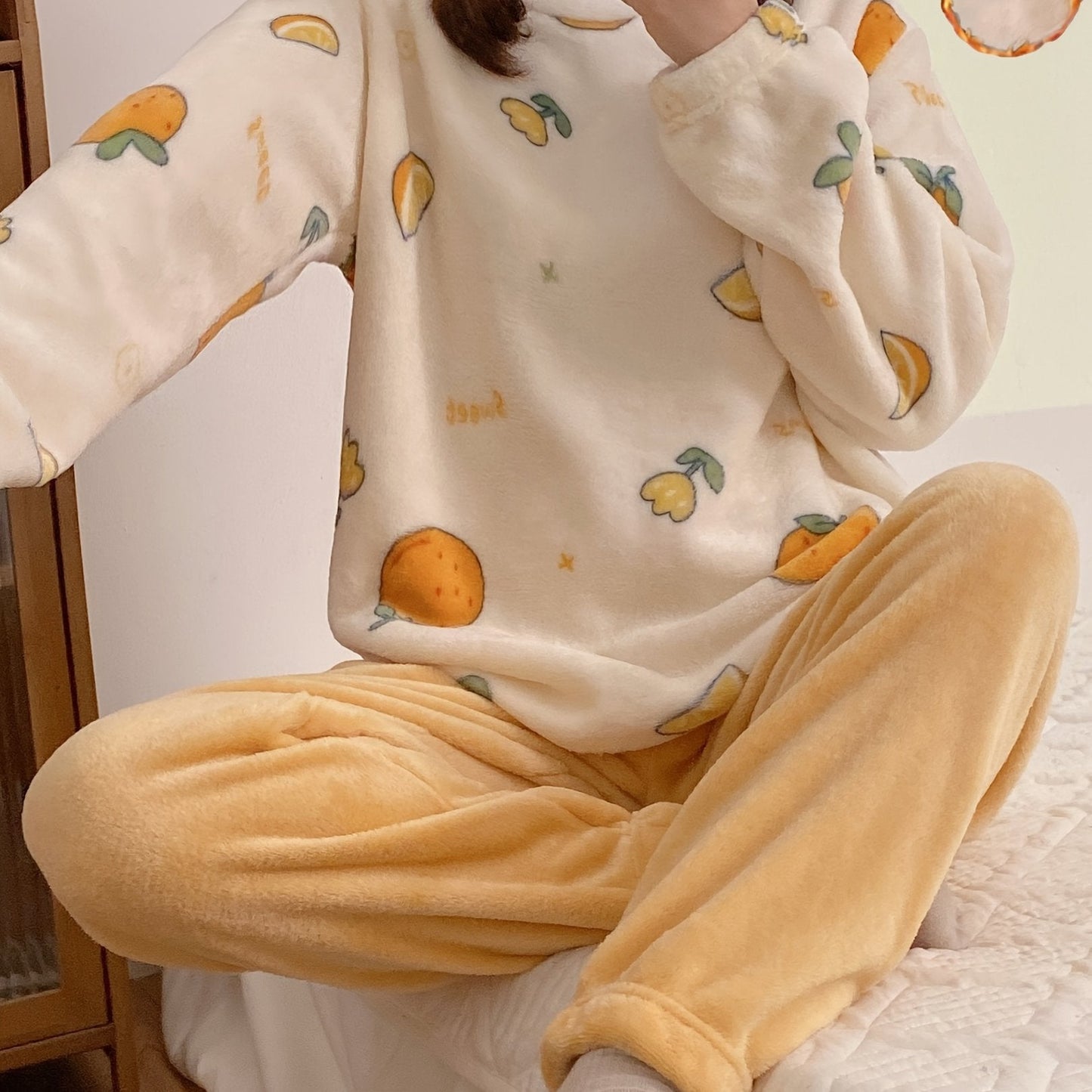 Orange Print Fuzzy Pajama Set, Long Sleeve Crew Neck Top & Elastic Waistband Pants, Women's Sleepwear & Loungewear Nine 11 - Nine 11