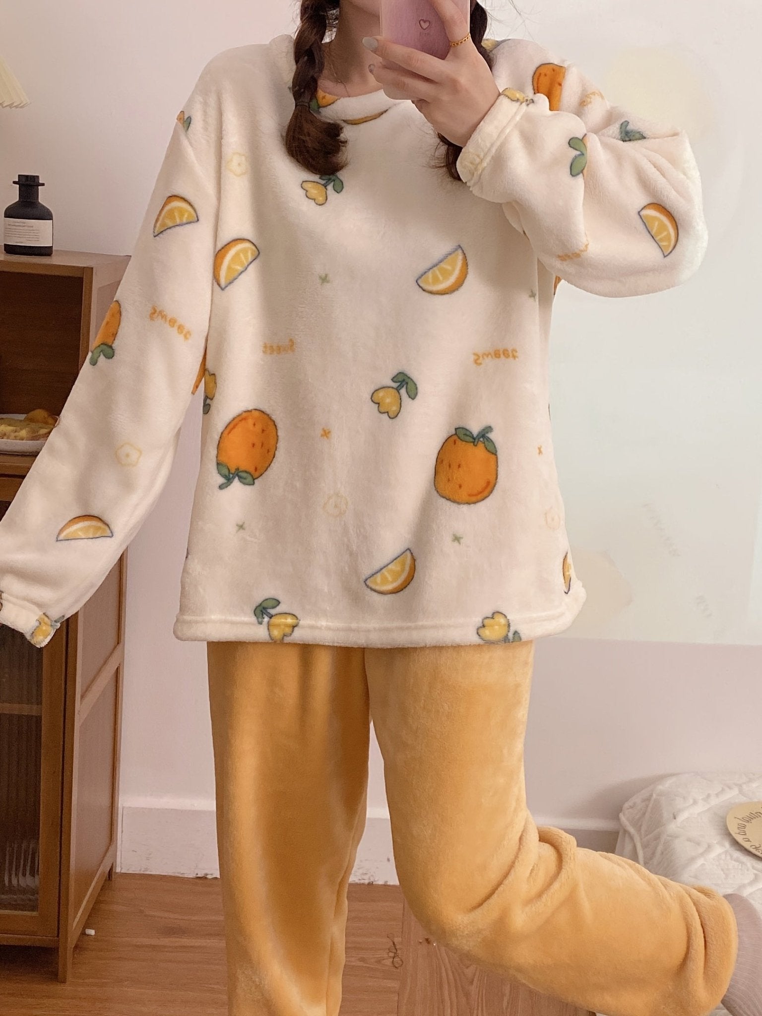 Orange Print Fuzzy Pajama Set, Long Sleeve Crew Neck Top & Elastic Waistband Pants, Women's Sleepwear & Loungewear Nine 11 - Nine 11