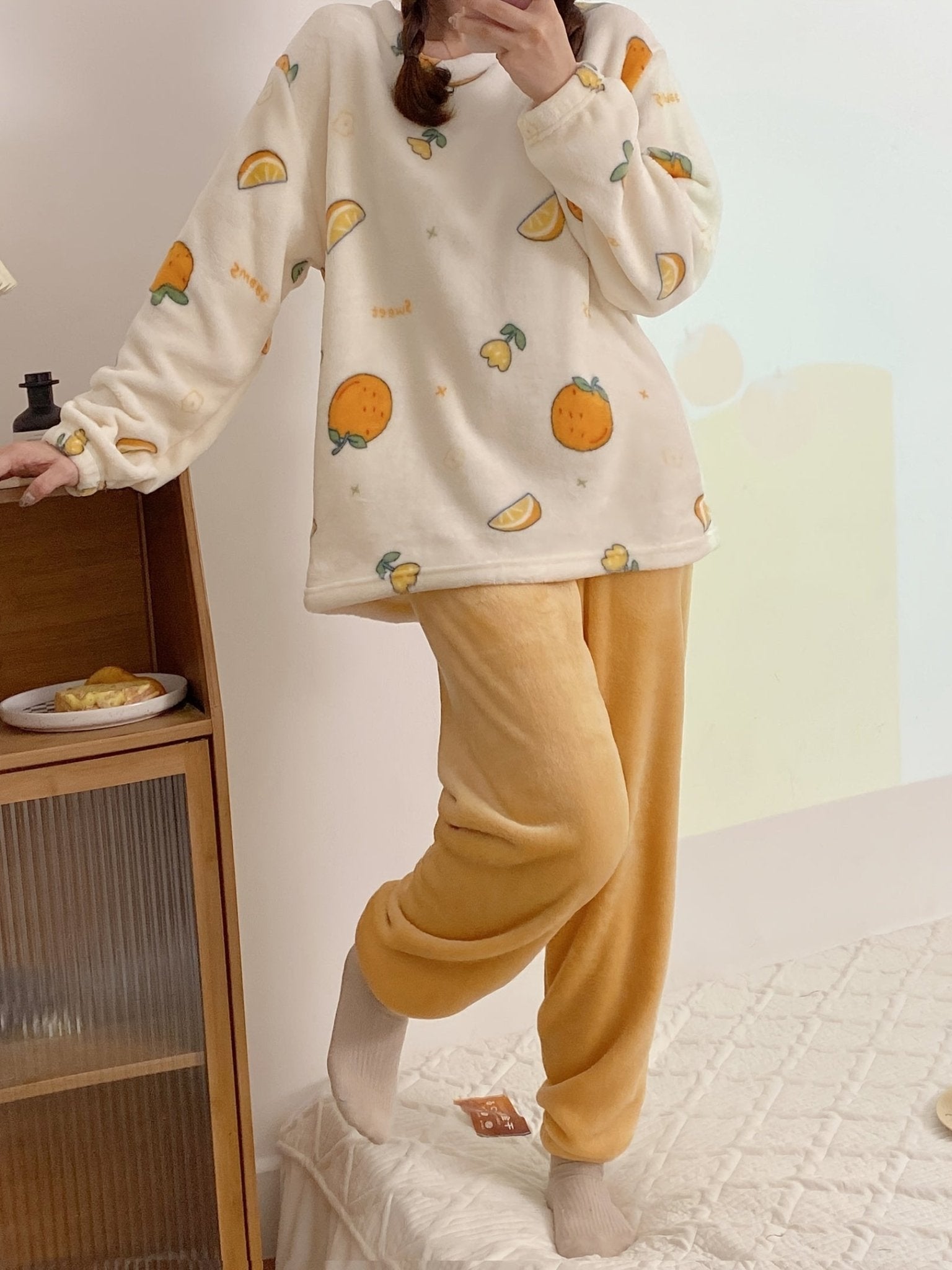 Orange Print Fuzzy Pajama Set, Long Sleeve Crew Neck Top & Elastic Waistband Pants, Women's Sleepwear & Loungewear Nine 11 - Nine 11