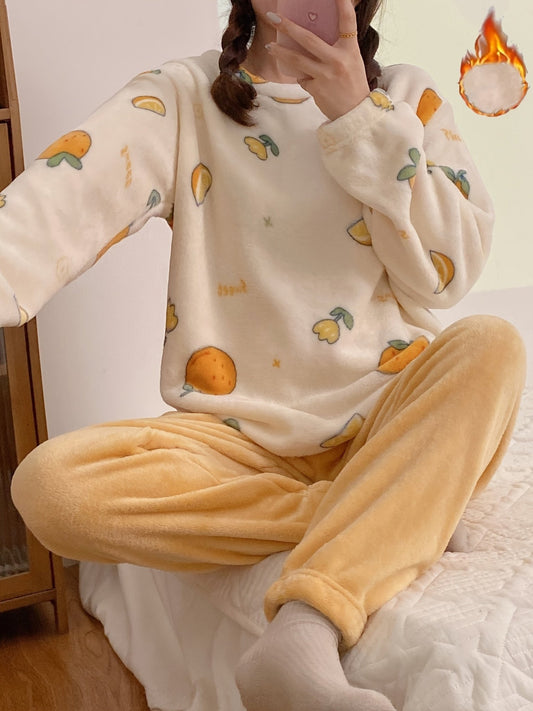 Orange Print Fuzzy Pajama Set, Long Sleeve Crew Neck Top & Elastic Waistband Pants, Women's Sleepwear & Loungewear Nine 11 - Nine 11