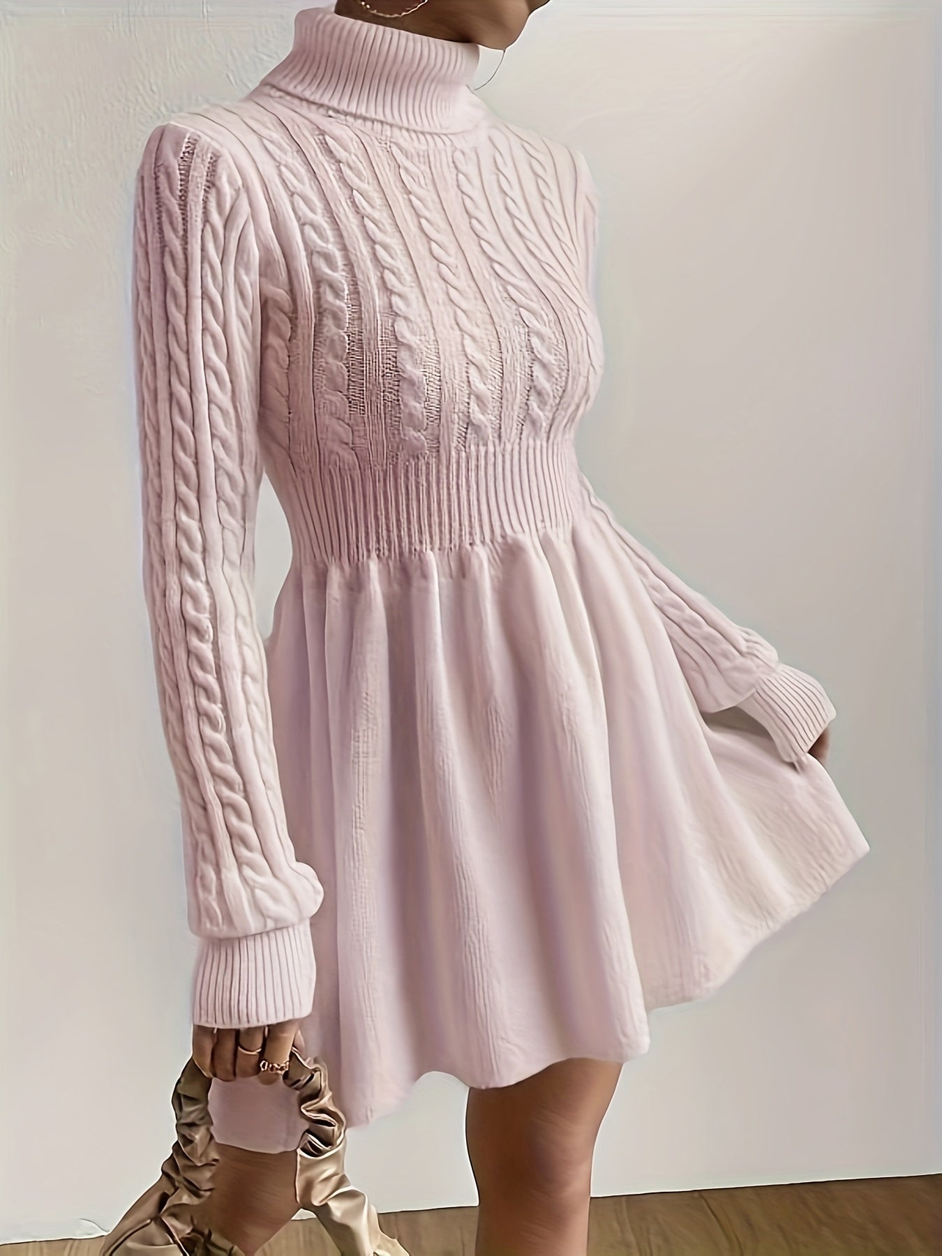 Solid Turtle Neck Dress, Elegant Long Sleeve A - line Dress, Women's Clothing - Nine 11