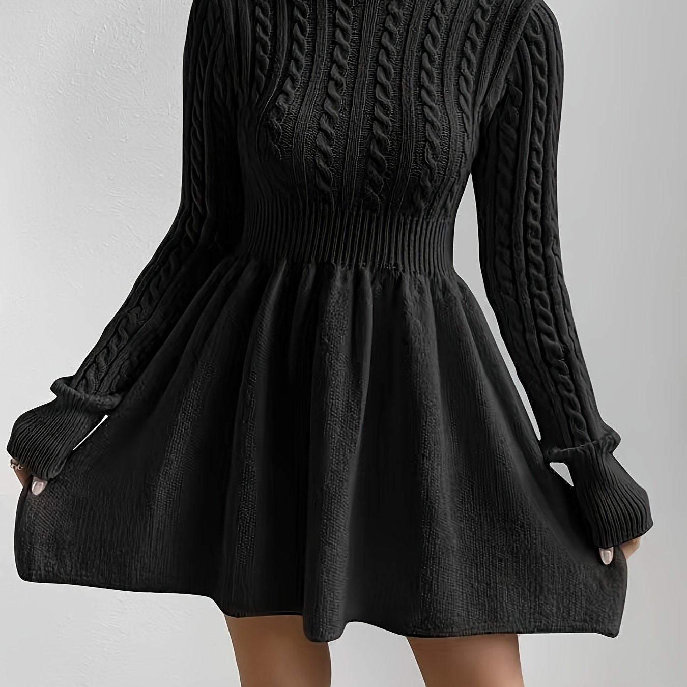 Solid Turtle Neck Dress, Elegant Long Sleeve A - line Dress, Women's Clothing - Nine 11