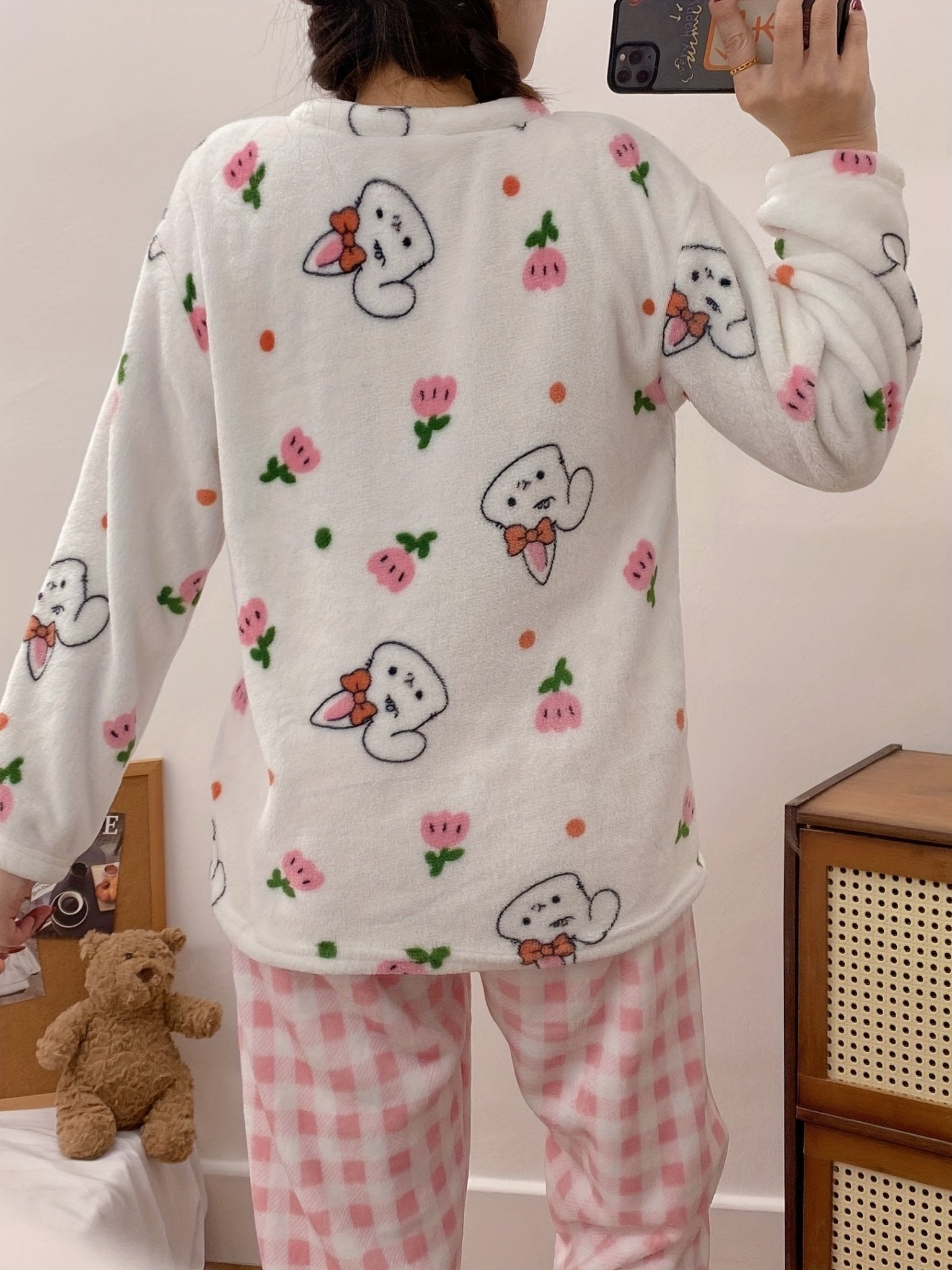 Women's Cute Bunny & Tulip Print Fleece Thick Pajama Set, Long Sleeve Round Neck Top & Plaid Pants, Comfortable Relaxed Fit For Fall & Winter Nine 11 - Nine 11