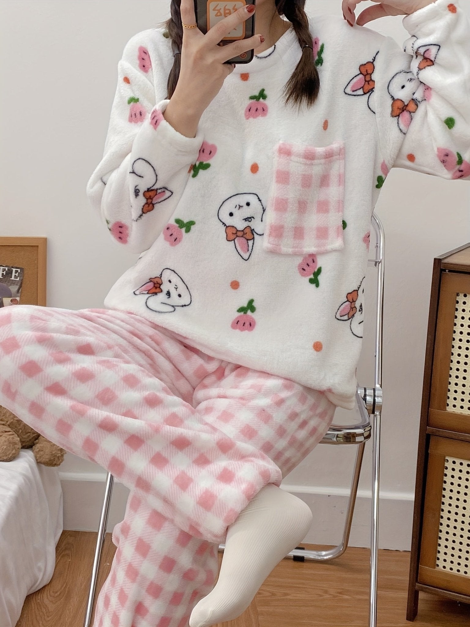 Women's Cute Bunny & Tulip Print Fleece Thick Pajama Set, Long Sleeve Round Neck Top & Plaid Pants, Comfortable Relaxed Fit For Fall & Winter Nine 11 - Nine 11