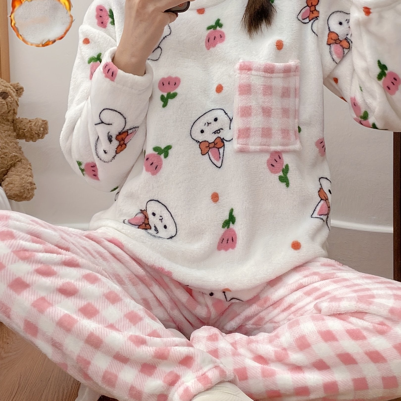 Women's Cute Bunny & Tulip Print Fleece Thick Pajama Set, Long Sleeve Round Neck Top & Plaid Pants, Comfortable Relaxed Fit For Fall & Winter Nine 11 - Nine 11