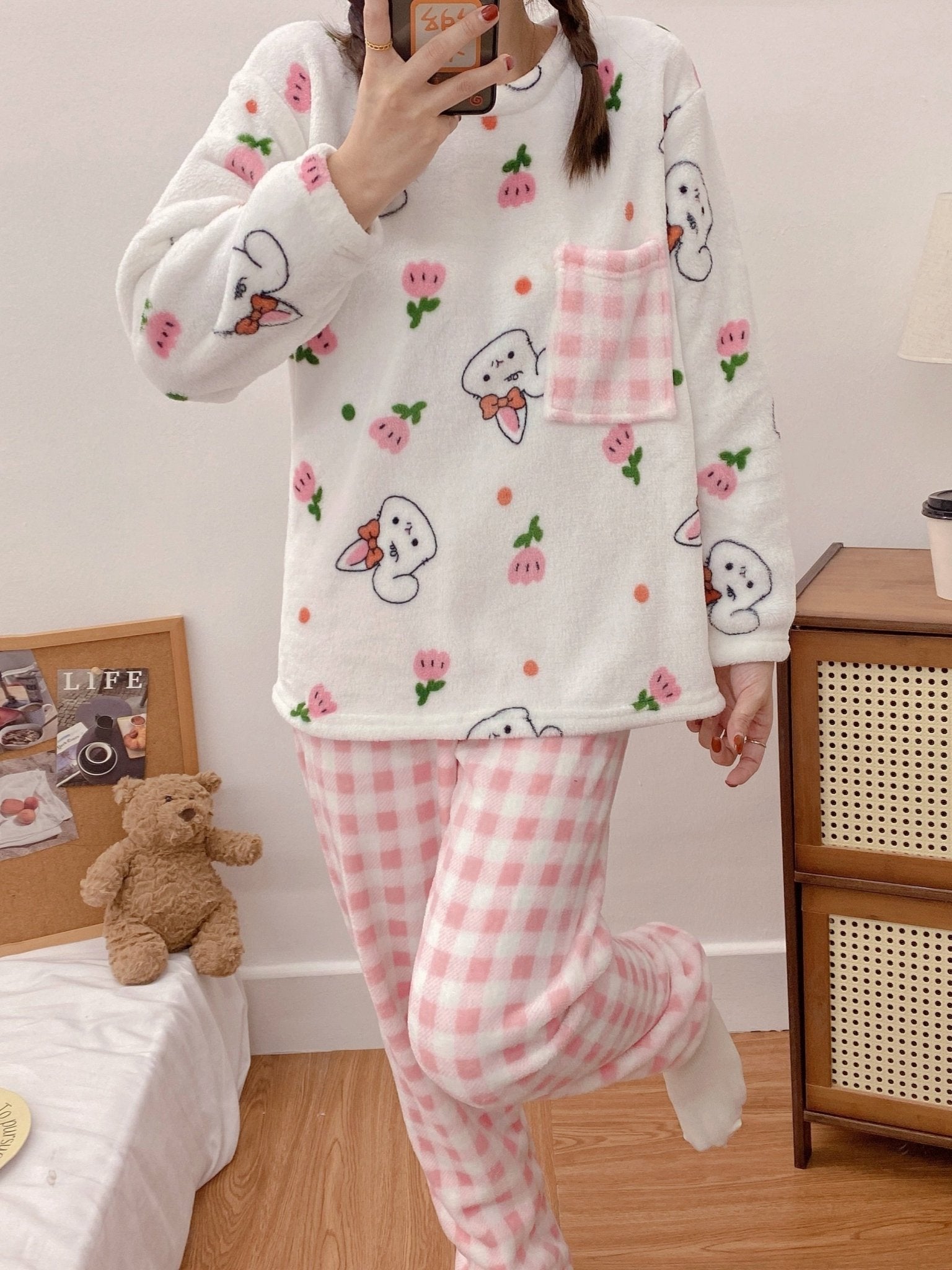 Women's Cute Bunny & Tulip Print Fleece Thick Pajama Set, Long Sleeve Round Neck Top & Plaid Pants, Comfortable Relaxed Fit For Fall & Winter Nine 11 - Nine 11