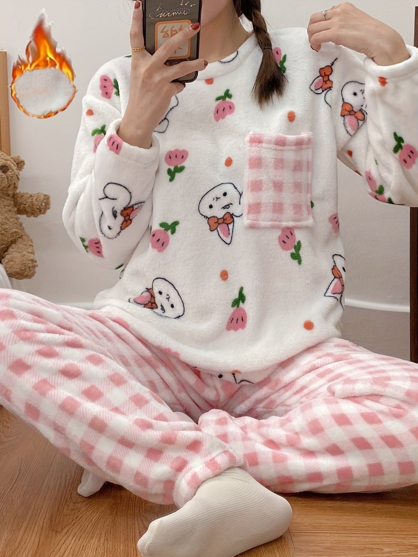 Women's Cute Bunny & Tulip Print Fleece Thick Pajama Set, Long Sleeve Round Neck Top & Plaid Pants, Comfortable Relaxed Fit For Fall & Winter Nine 11 - Nine 11